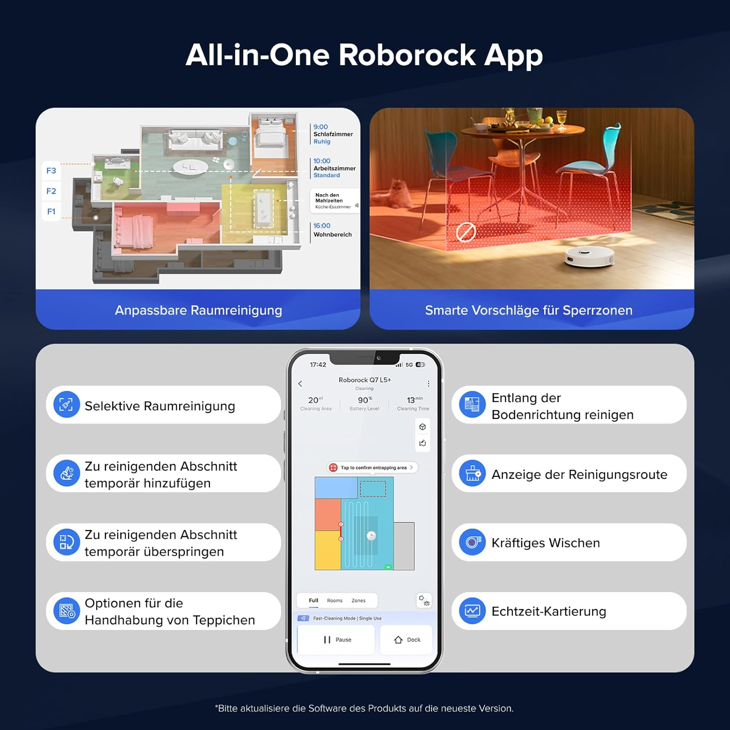 Roborock App: Grundriss mit Reinigungszonen, Staubsauger mit Sperrzonen, App-Steuerung.
