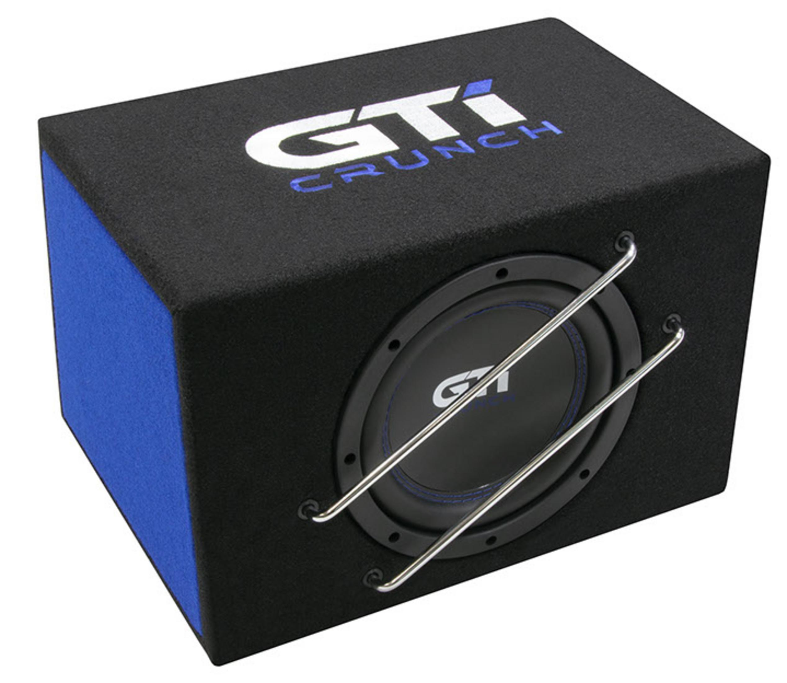 Schwarze Subwoofer-Box mit blauem Akzent und silbernen Schutzbügeln.