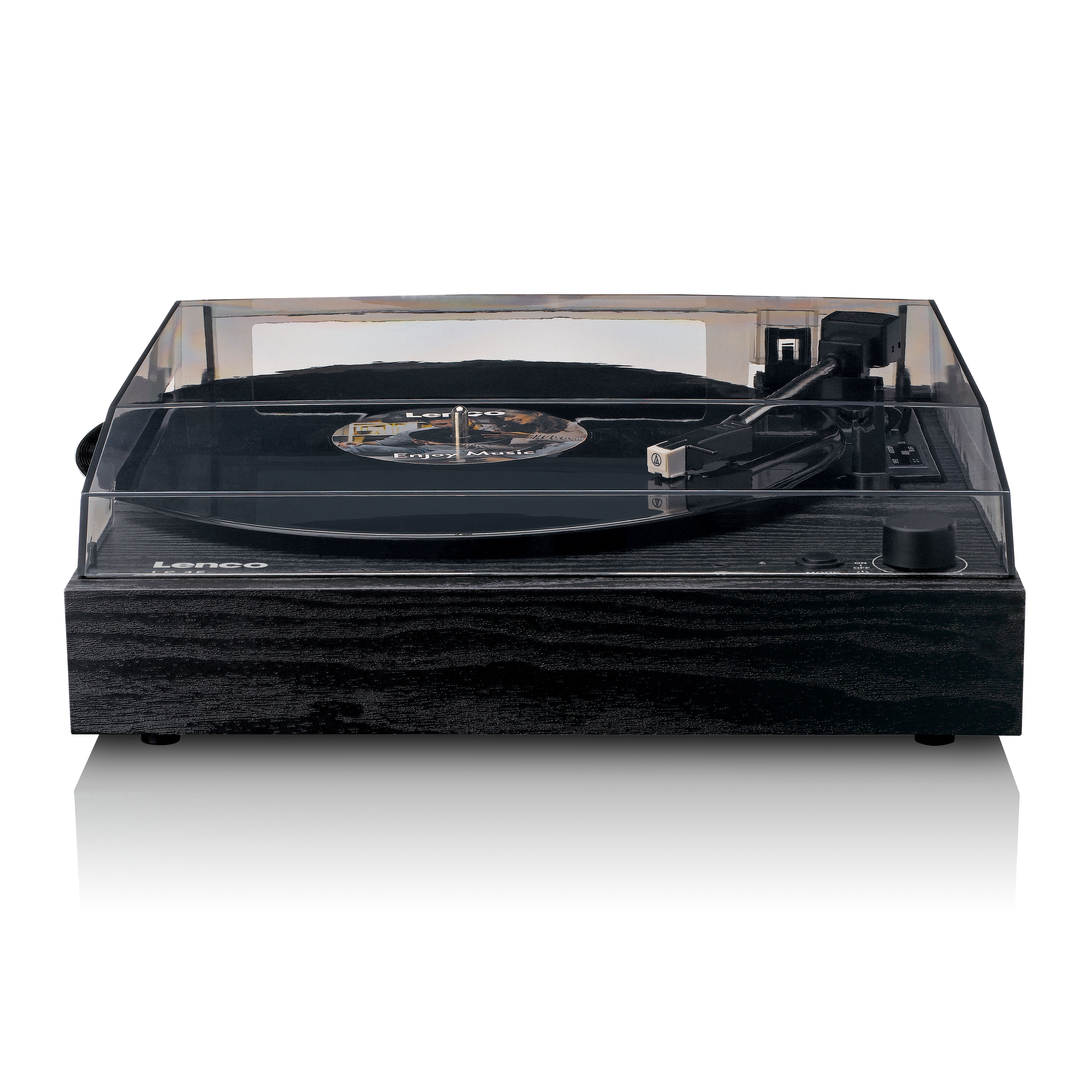 A black record player with a clear lid and a vinyl record on top.