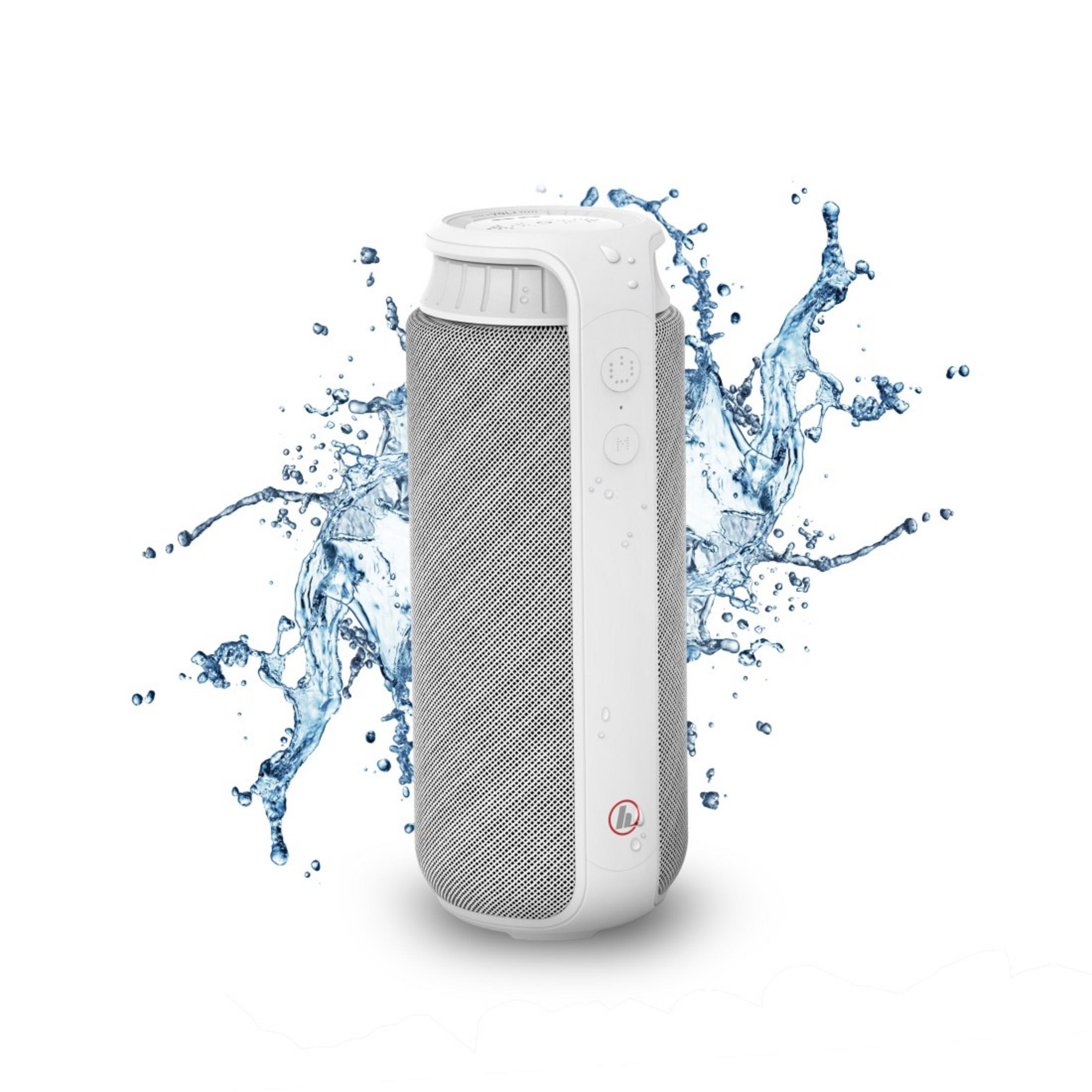 Biały głośnik z rozpryskami wody.