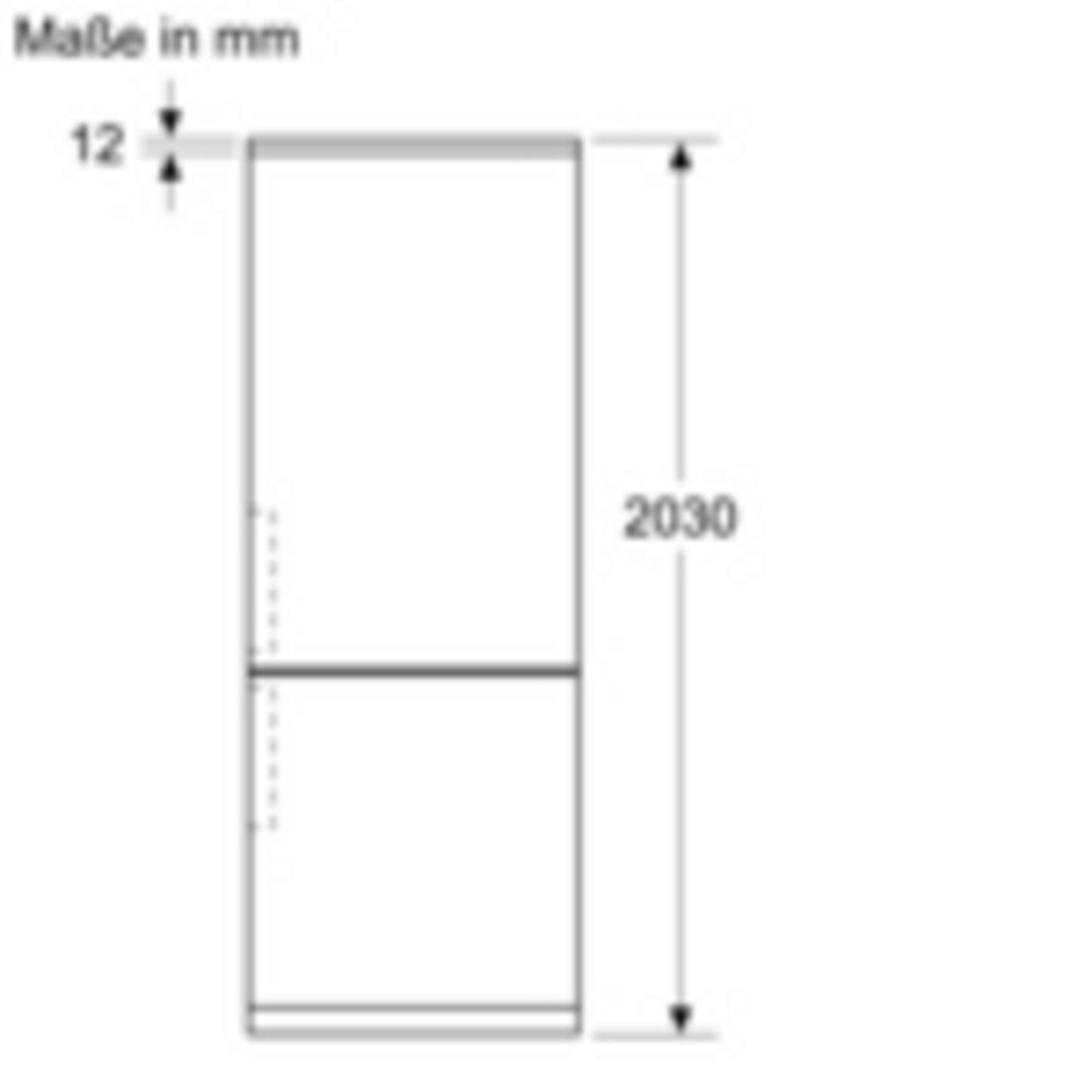 Technische Zeichnung eines Kühlschranks mit Maßen 12 mm und 2030 mm.