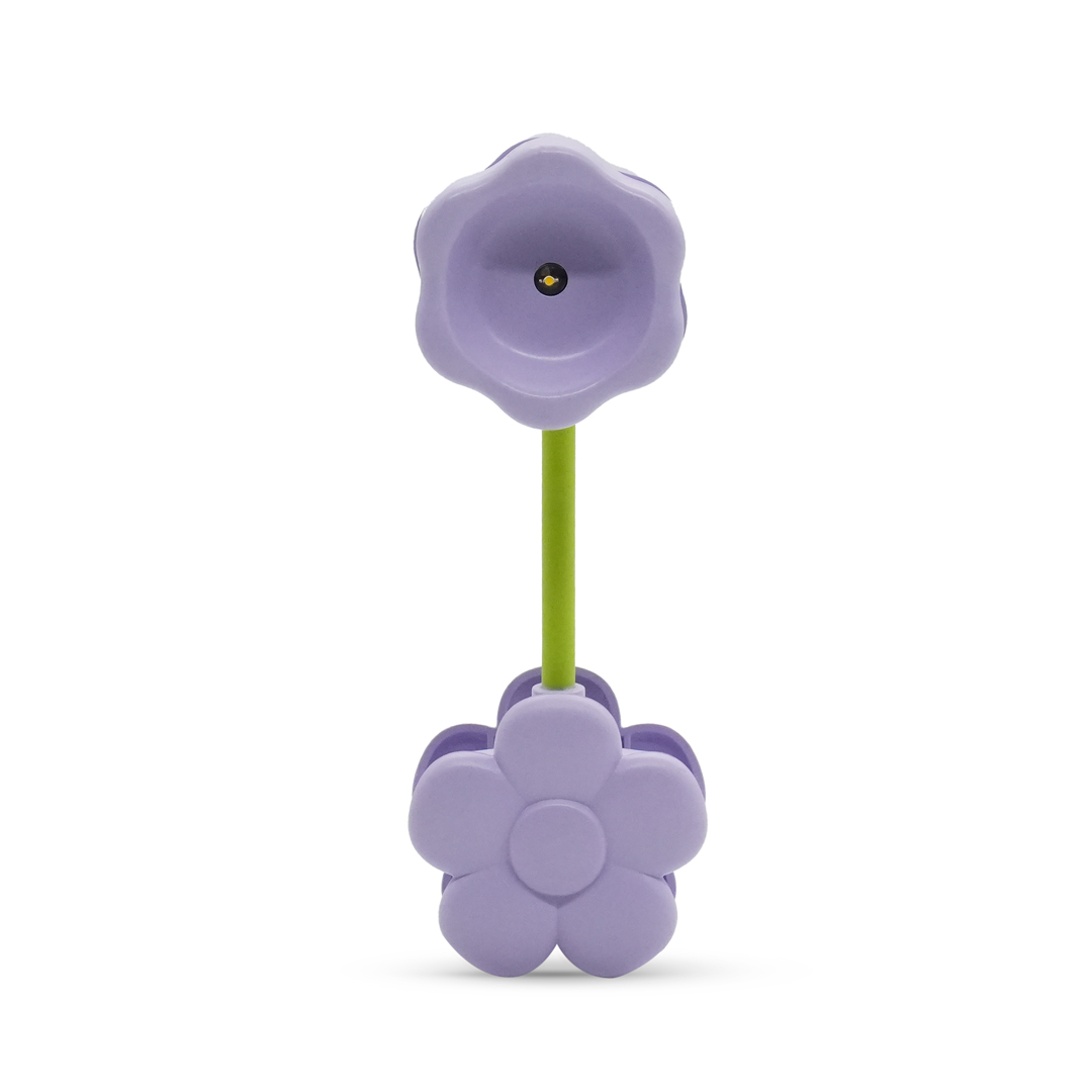 Un fiore viola con stelo verde su sfondo bianco.