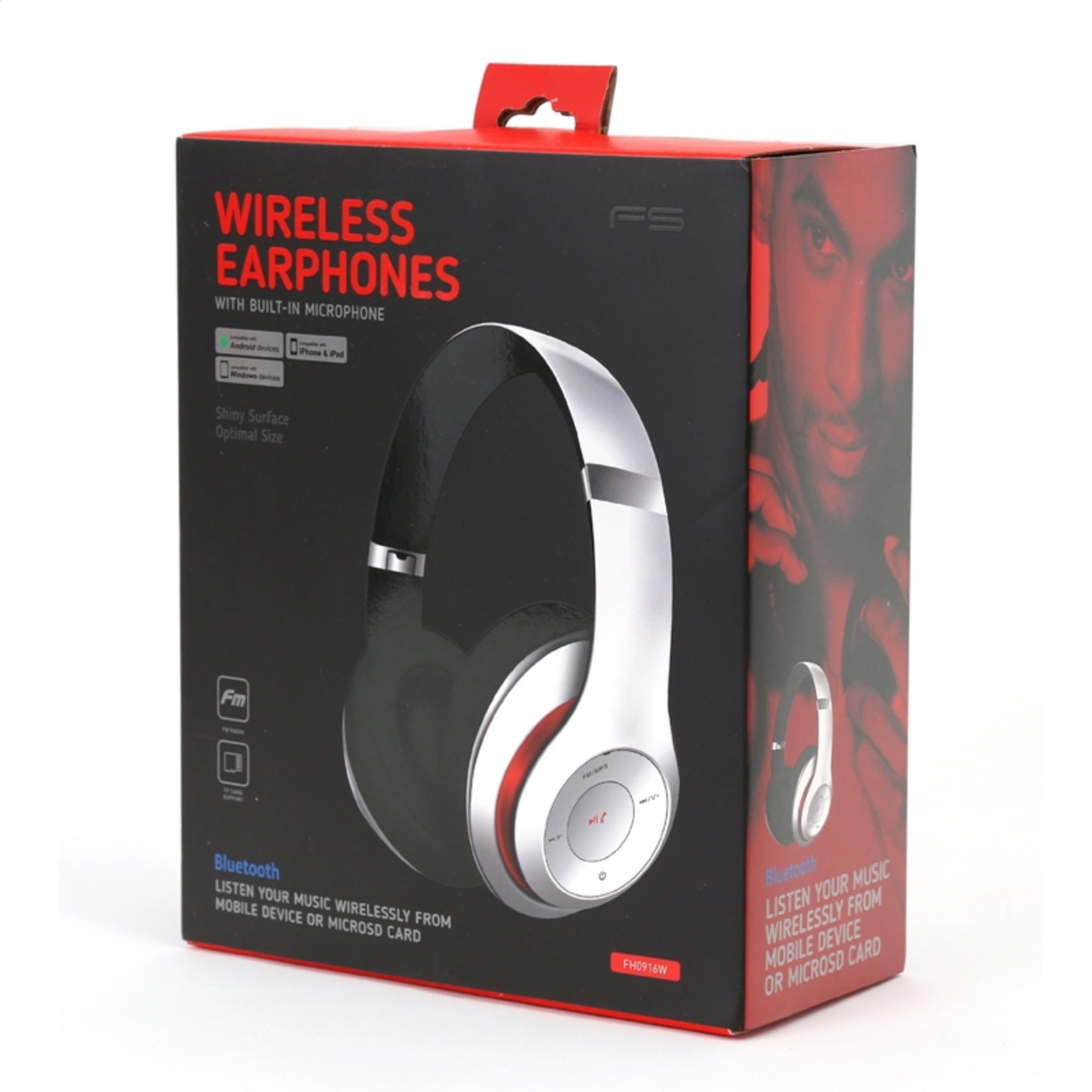 Scatola per cuffie wireless con microfono, argento con accenti rossi.