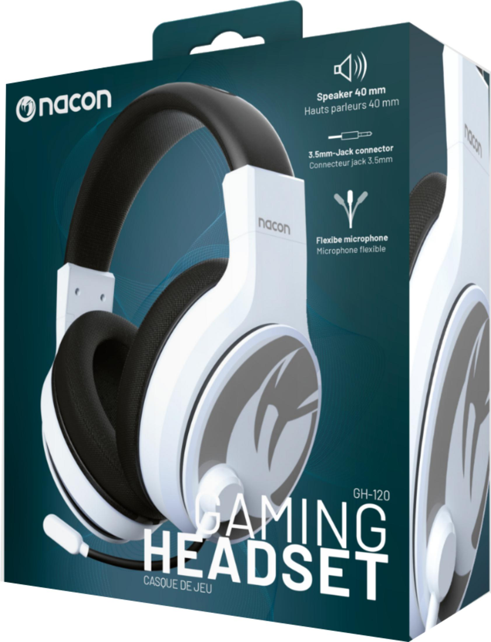 Confezione di un headset da gaming Nacon bianco con microfono.