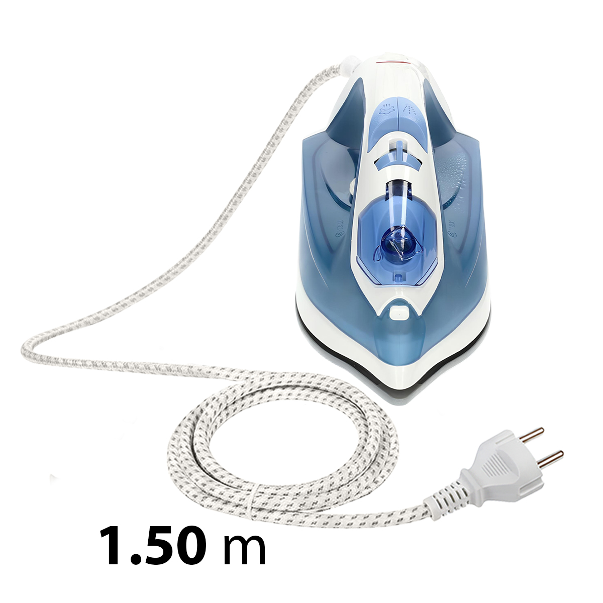 Ein blauer und weißer Dampfbügeleisen mit einem weißen Kabel und Stecker.