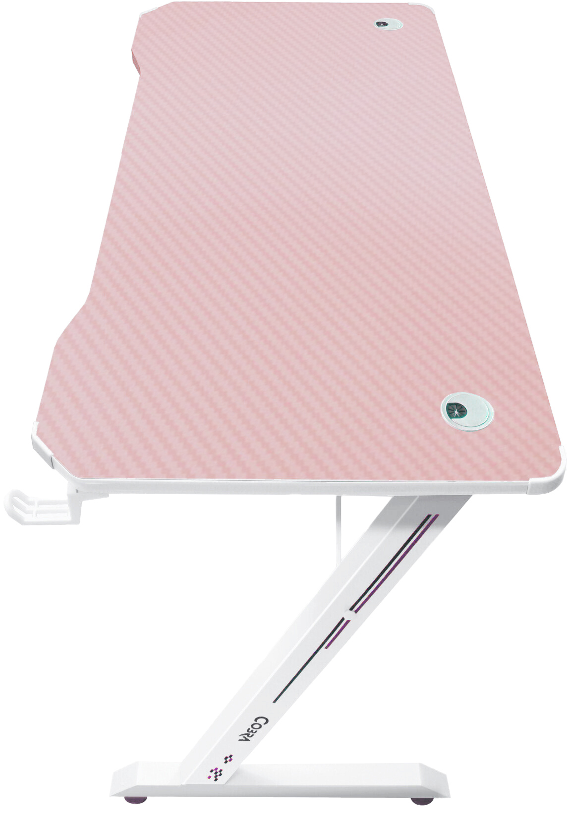 Różowe biurko z wzorem karbonowym i białymi nogami w kształcie litery Z.