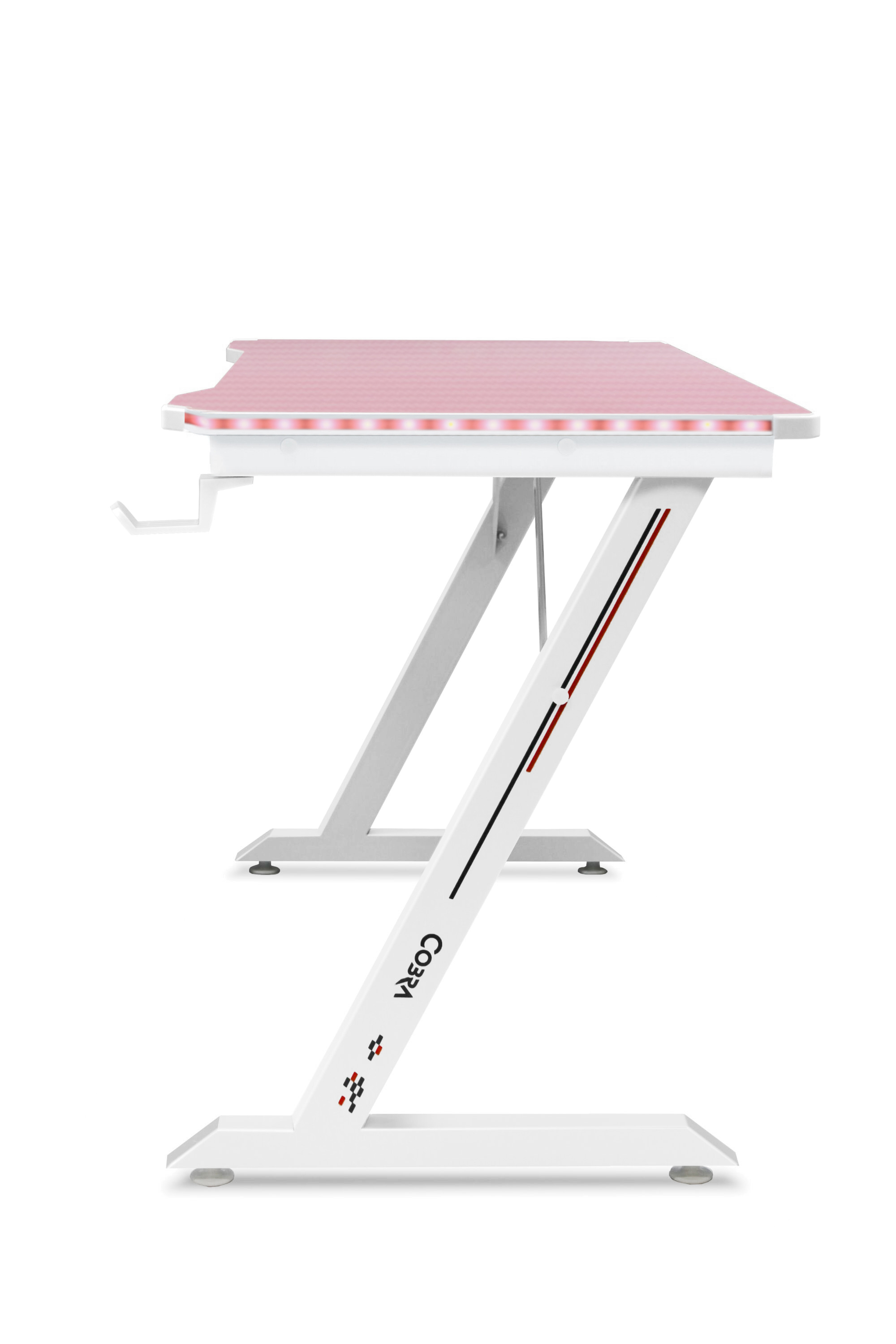 Różowe biurko z białymi nogami w kształcie litery Z i oświetleniem LED.
