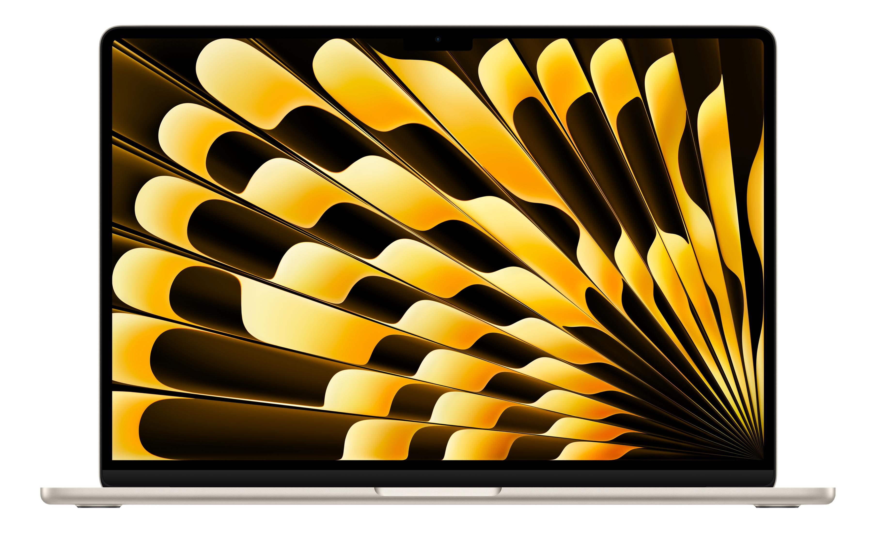 Ein geöffneter Laptop mit einem goldenen, fächerförmigen Muster auf dem Bildschirm.