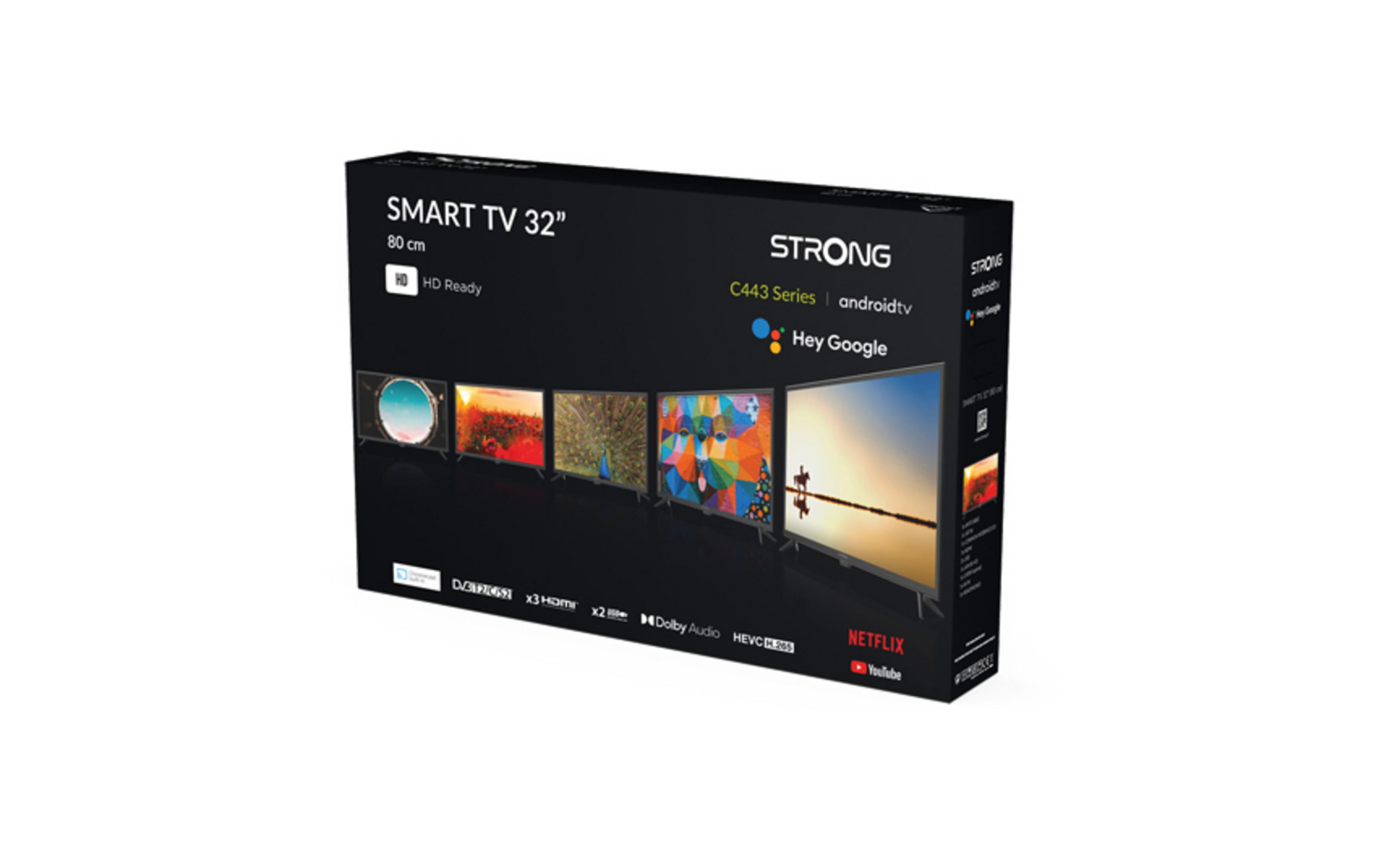 Scatola di uno Smart TV da 32 pollici con Android TV e Google Assistant.