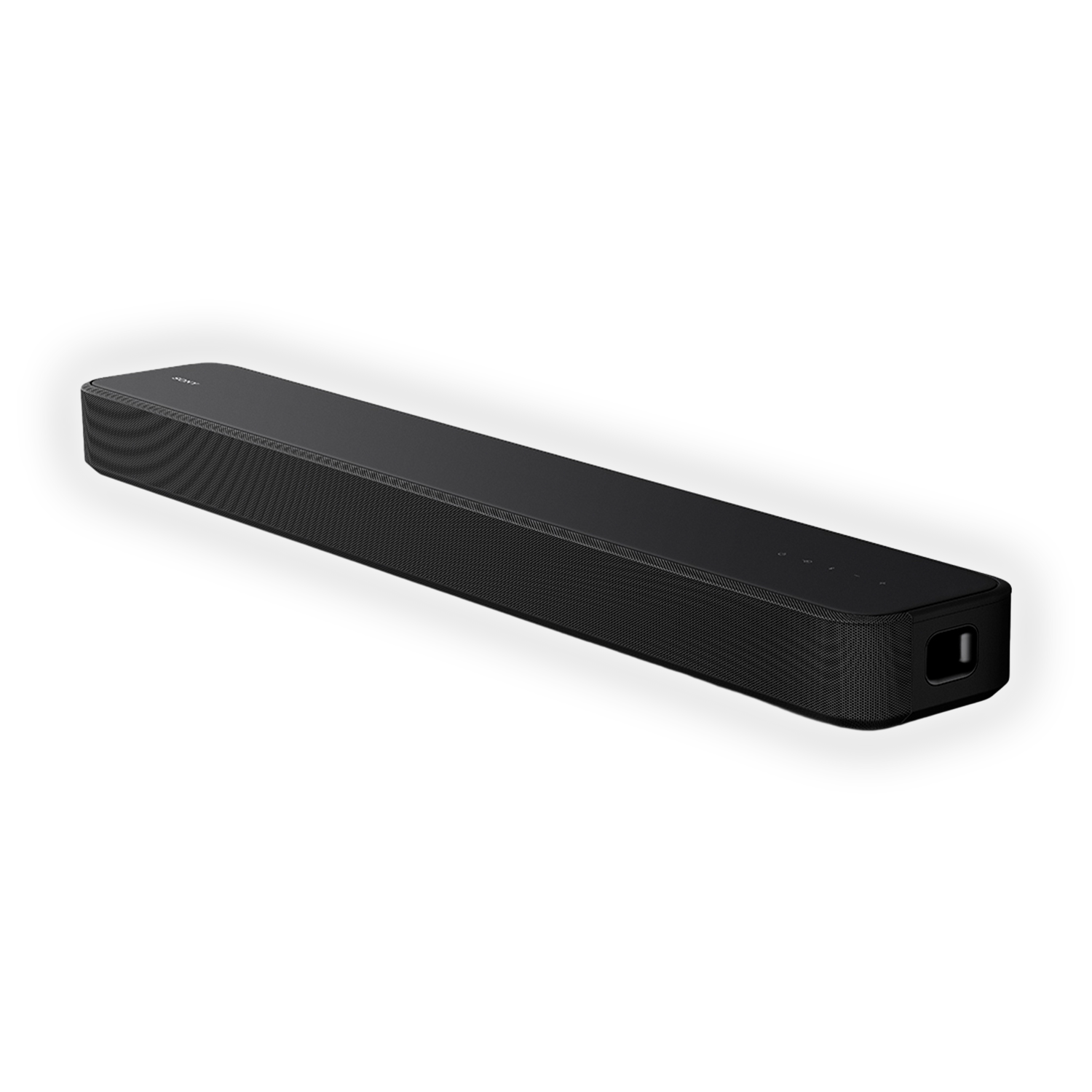 Soundbar nera ed elegante con griglia frontale e pulsanti superiori.