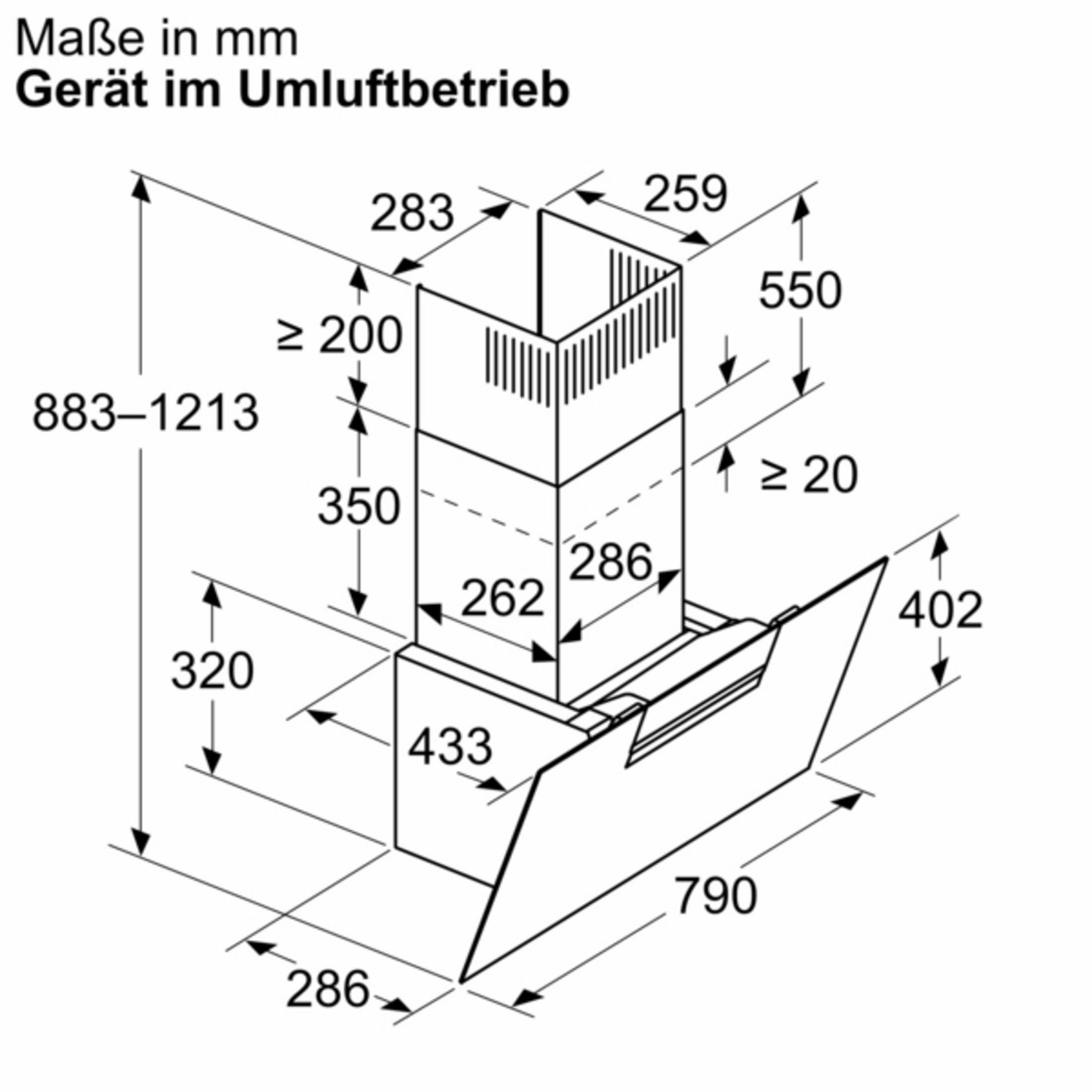 Technische Zeichnung einer Dunstabzugshaube mit Maßangaben in mm.