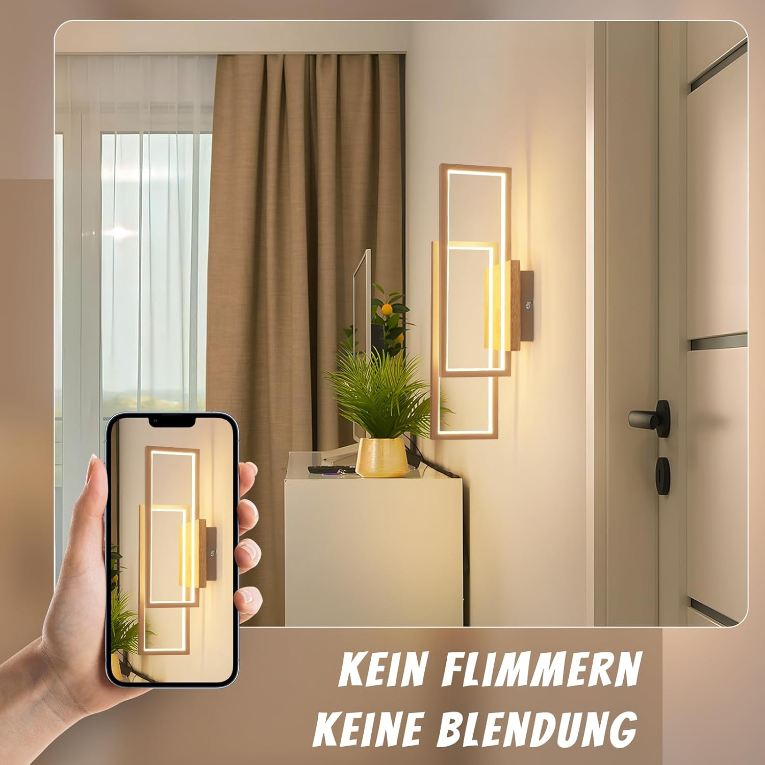 Una mano tiene uno smartphone che mostra una lampada. Testo: Nessun sfarfallio, nessun abbagliamento.