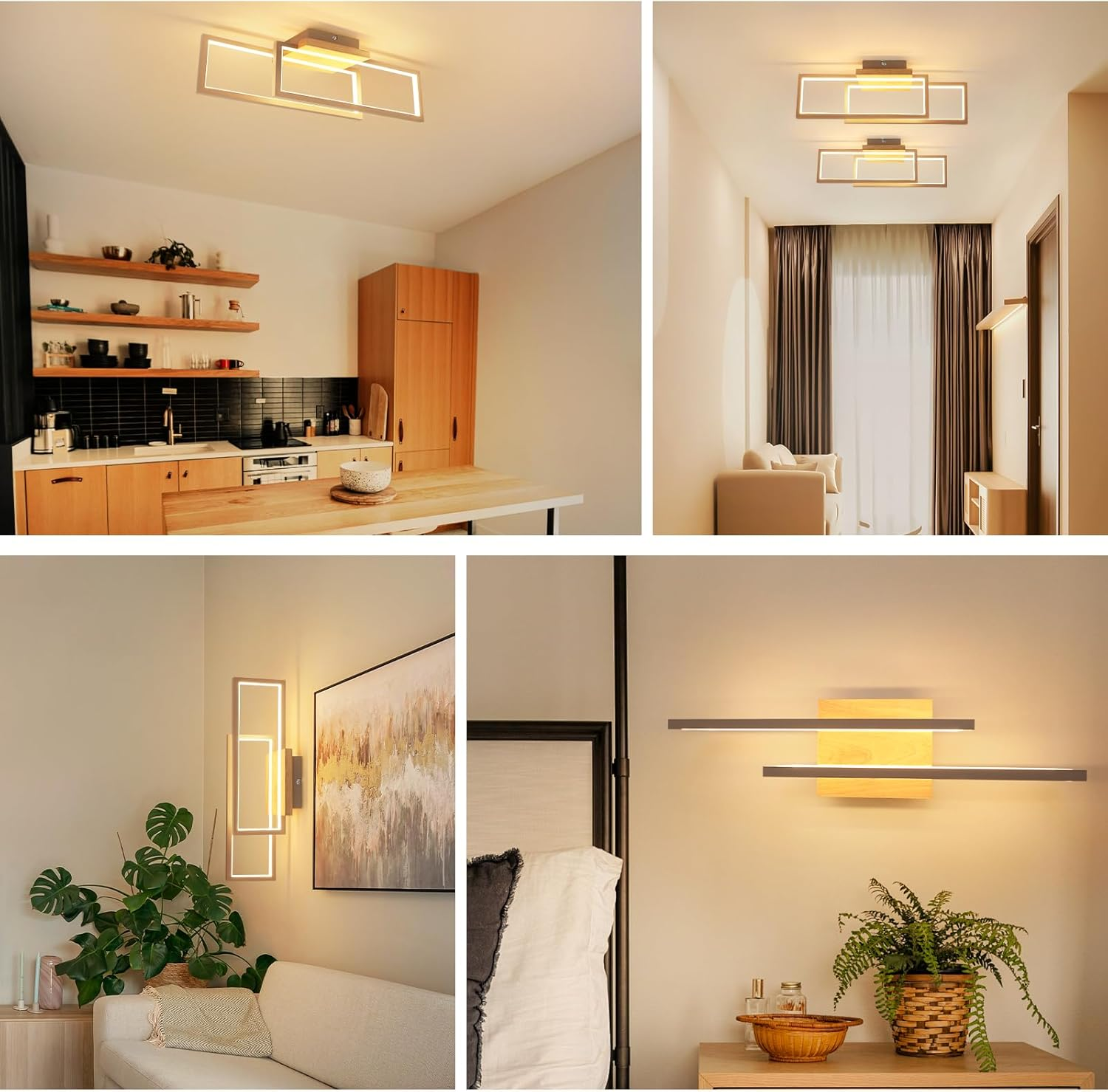Luci moderne rettangolari a soffitto e a parete in varie stanze.