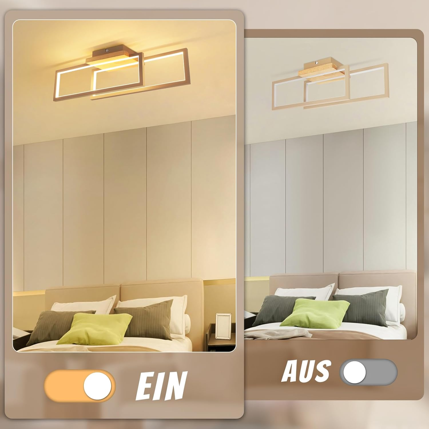 Una camera da letto moderna con una elegante lampada da soffitto sopra un letto con cuscini.