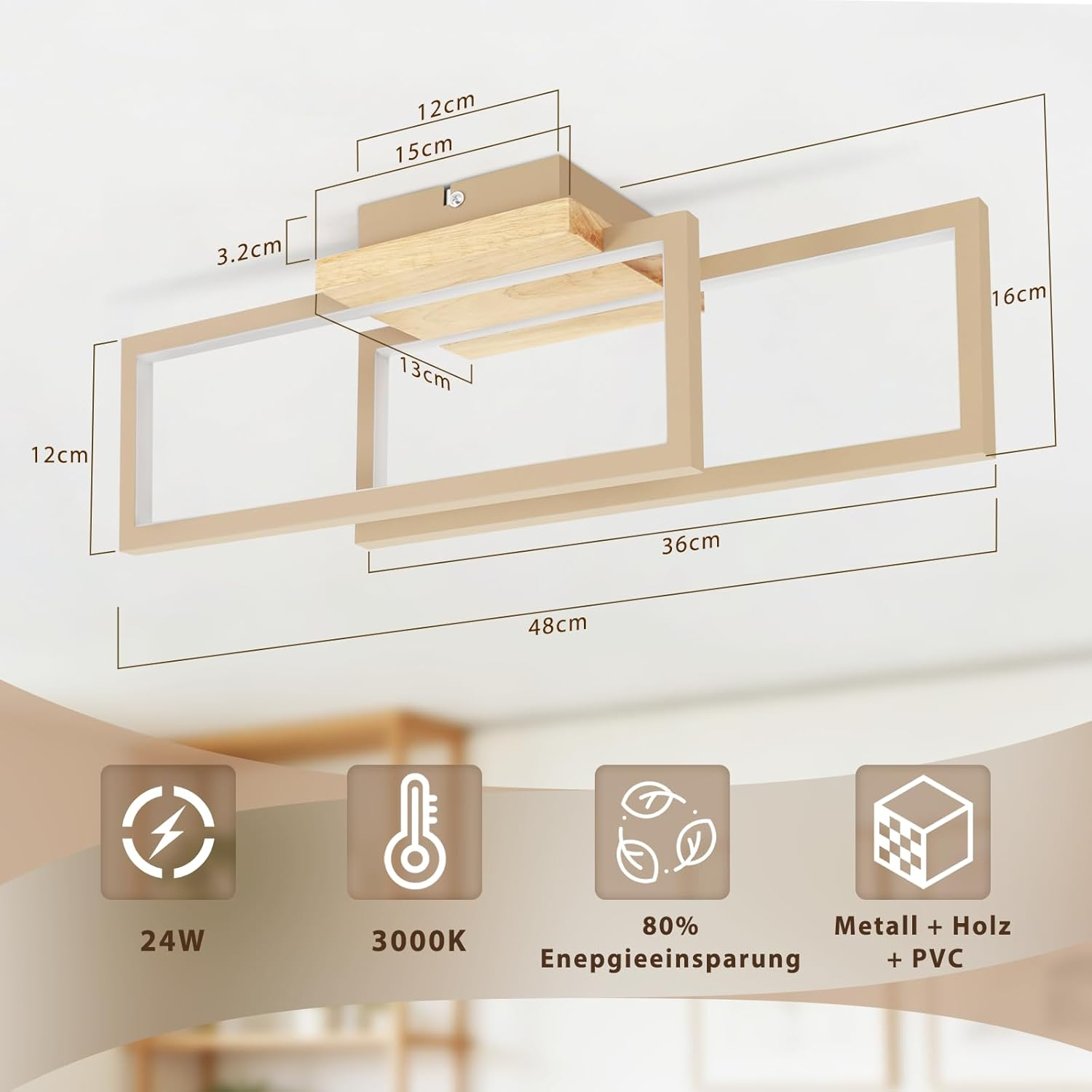 Plafoniera moderna con elementi in legno e metallo, 24W, 3000K, risparmio.