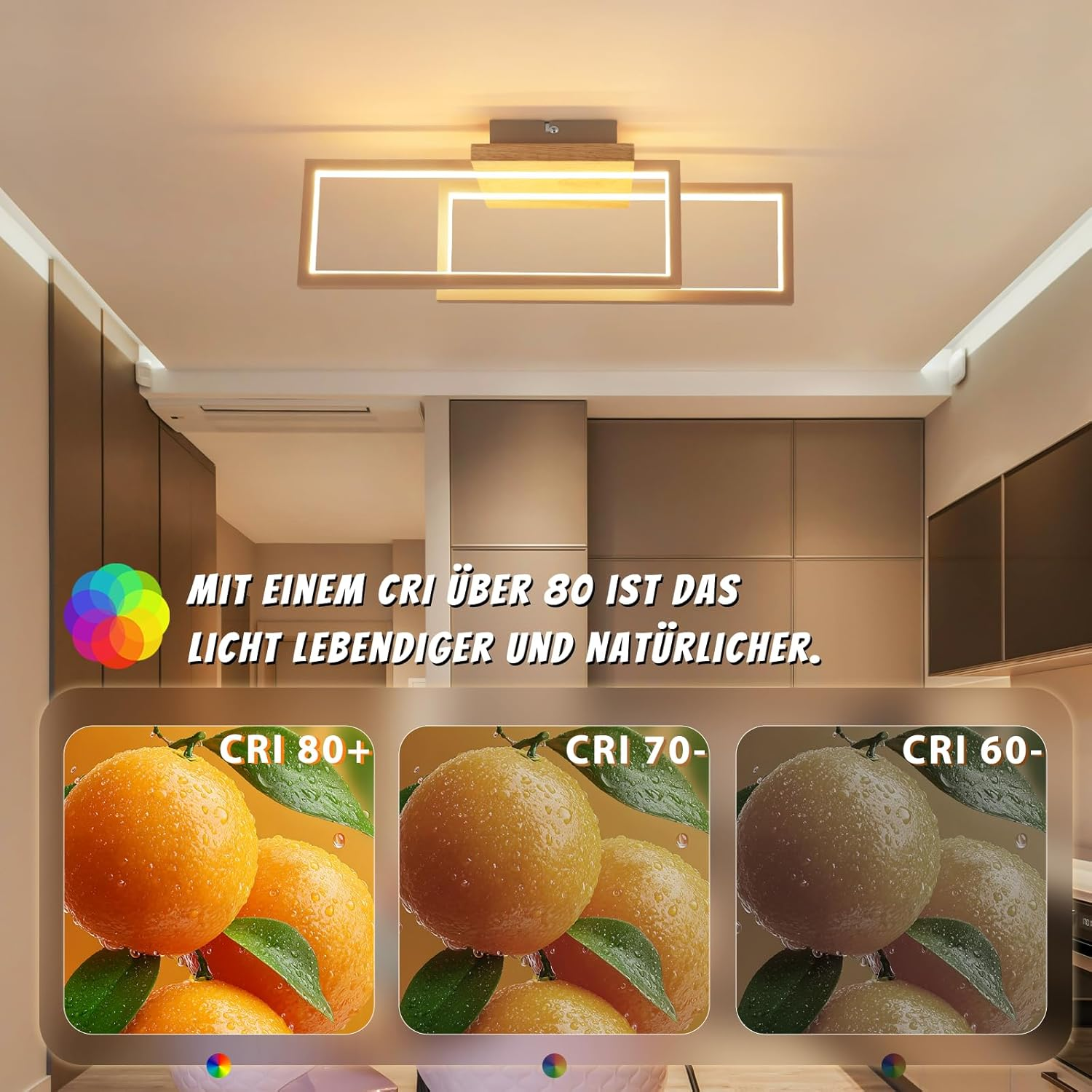 Arance in diverse condizioni di luce CRI: CRI 80+, 70-, 60-.