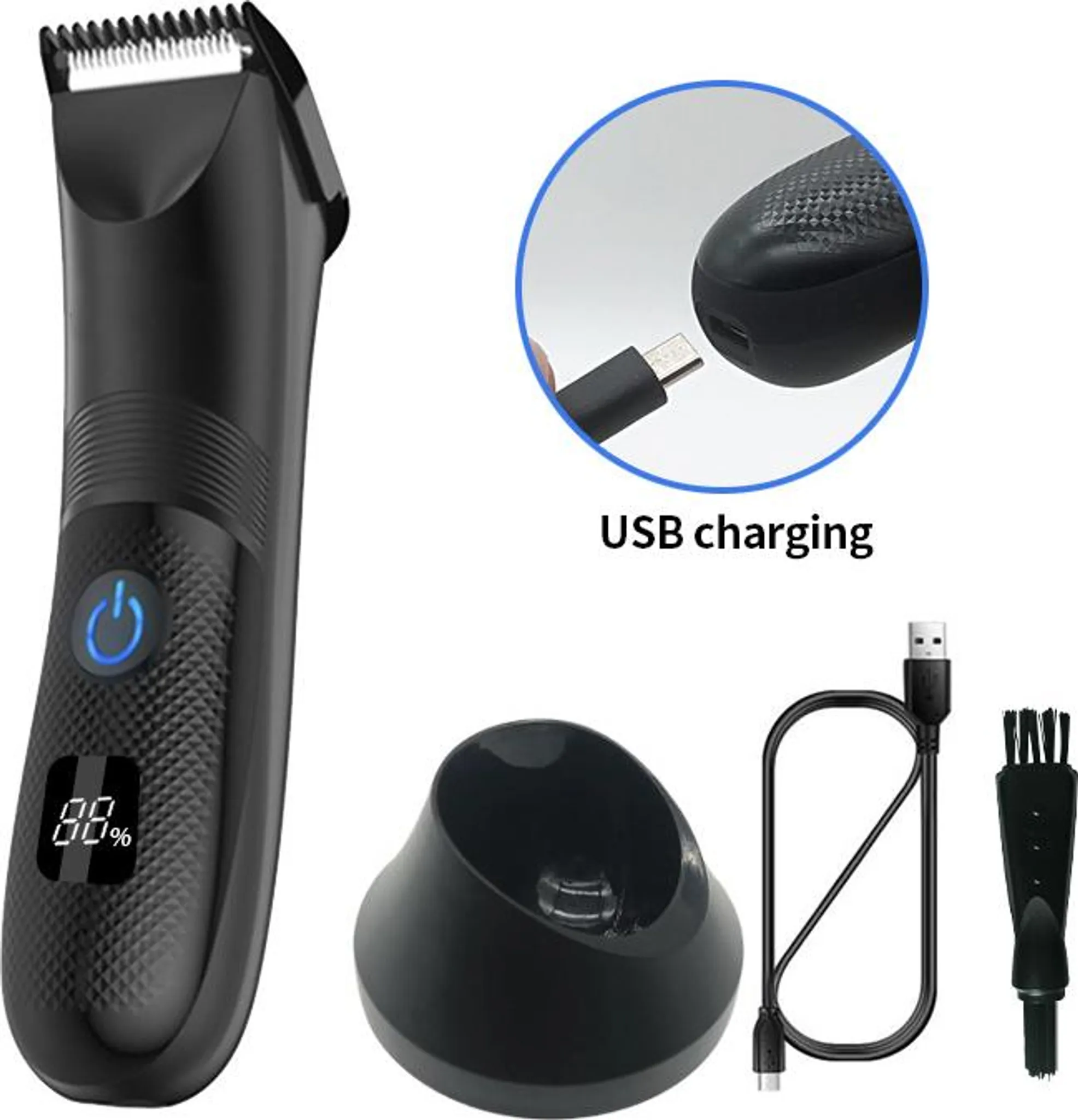 Ein schwarzer Trimmer mit Ladebasis, USB-Kabel und Bürste.