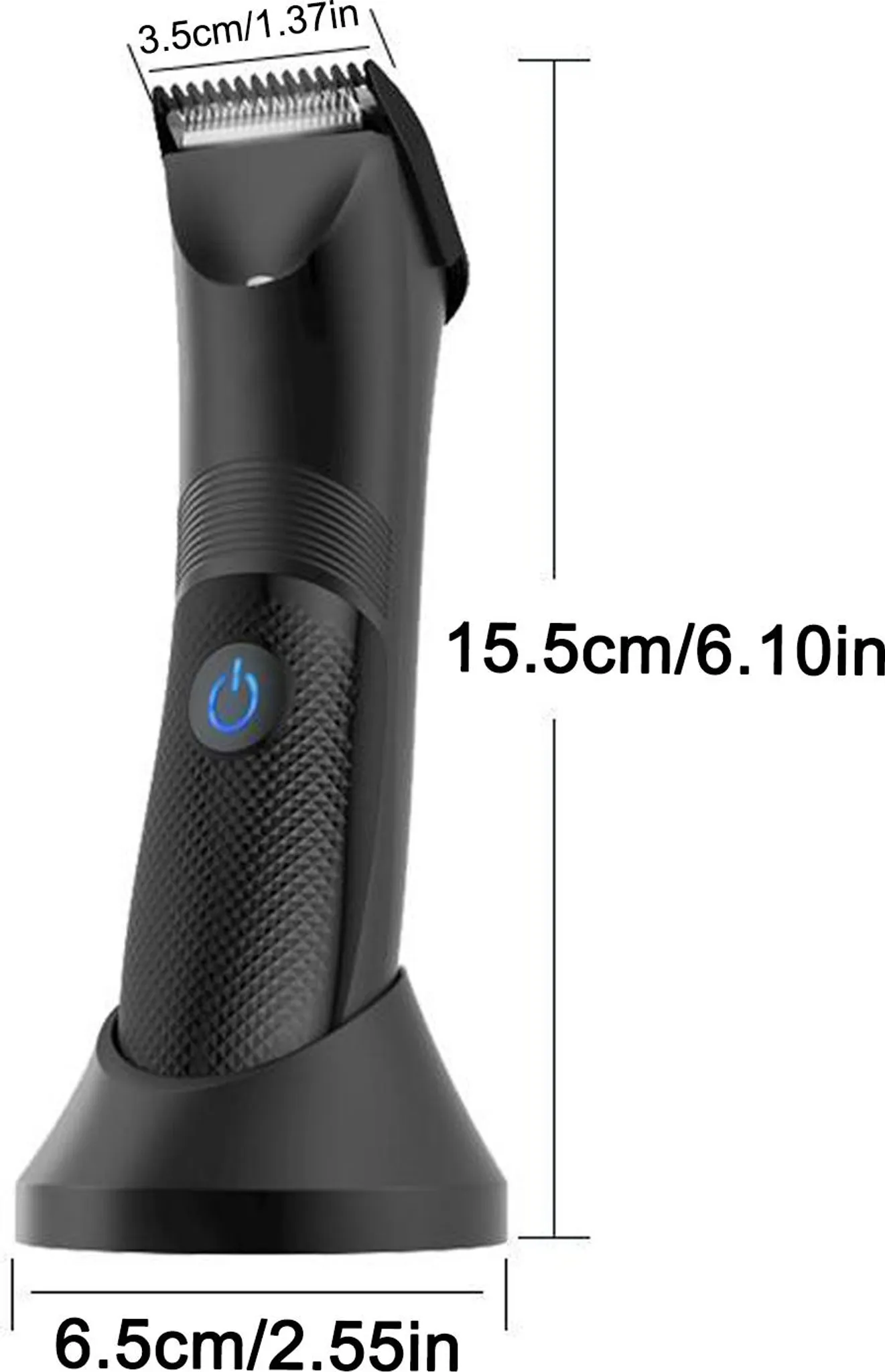 Ein schwarzer Trimmer mit blauem Power-Button auf einem Ständer.