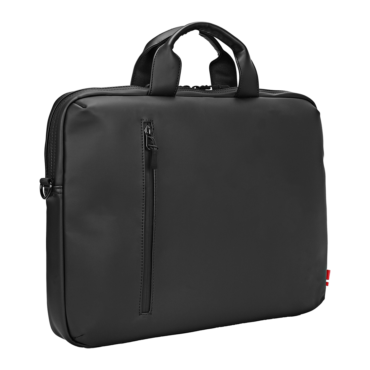 Schwarze Laptoptasche mit Henkeln und Reißverschluss.