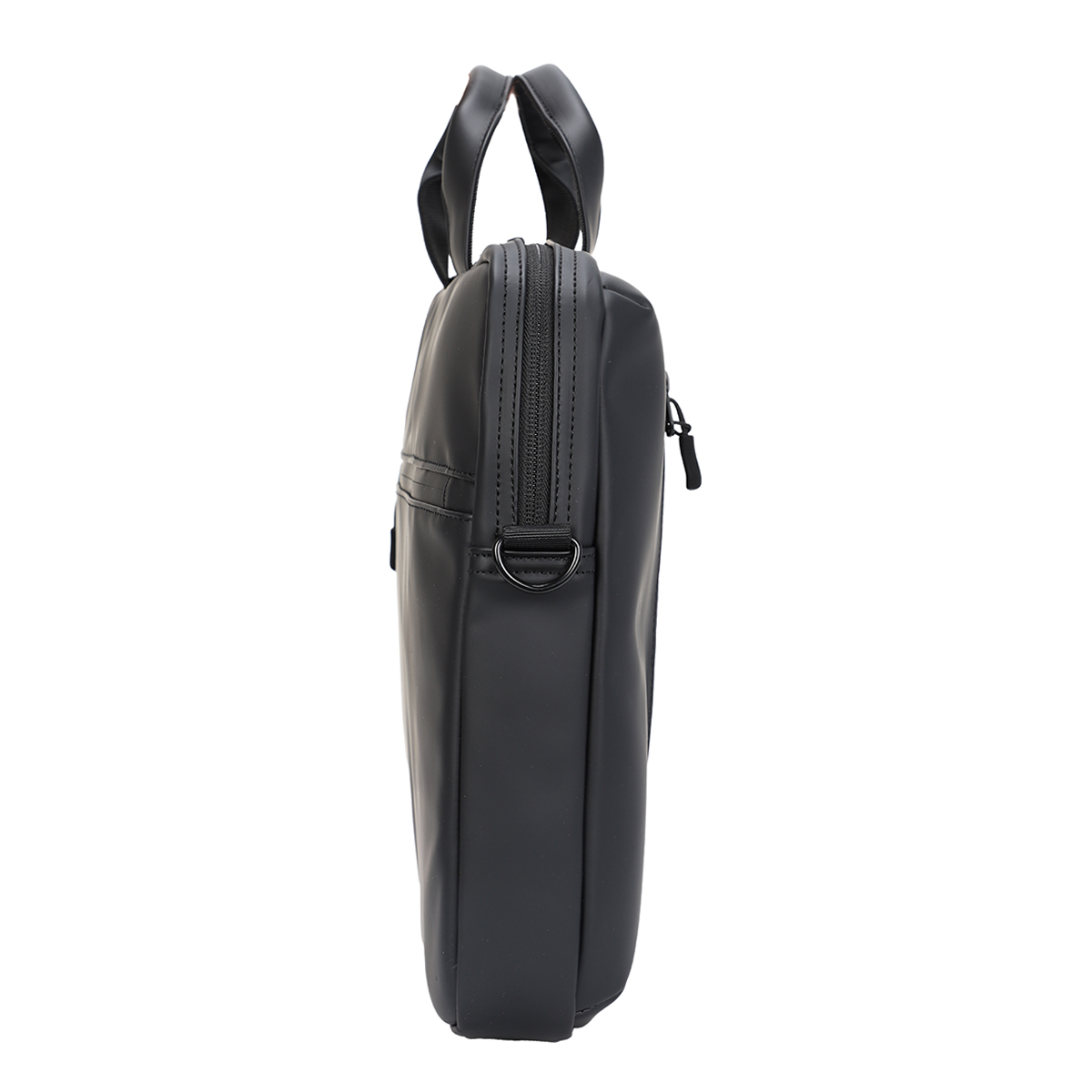 Schwarze Laptoptasche mit Griffen und Reißverschluss von der Seite.