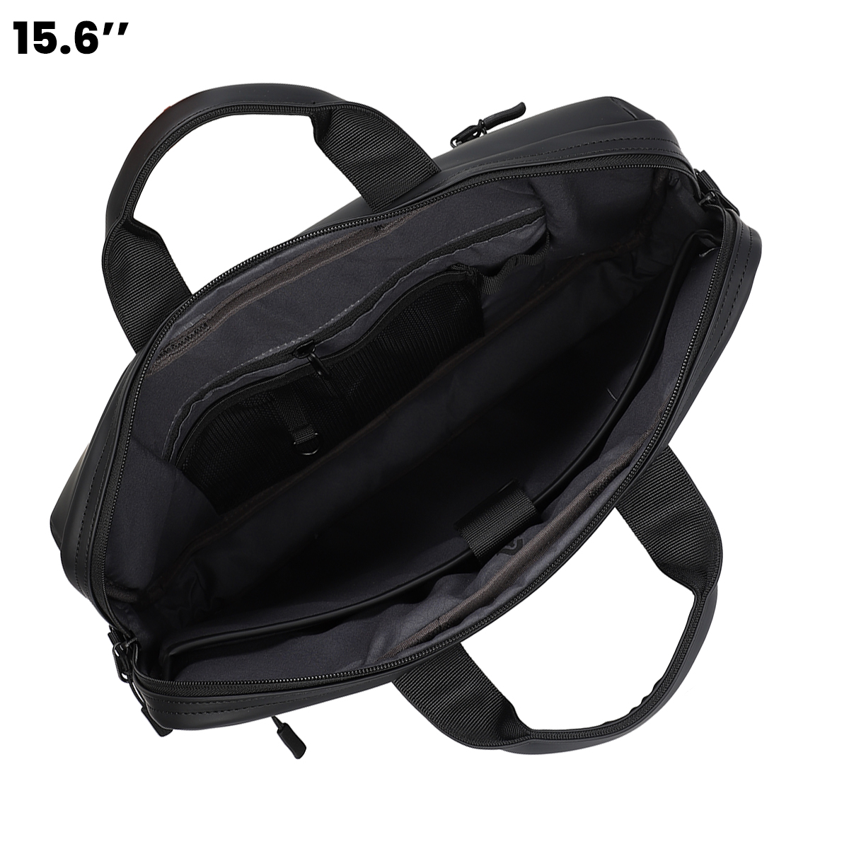 Schwarze Laptoptasche mit offenem Fach und Henkeln.