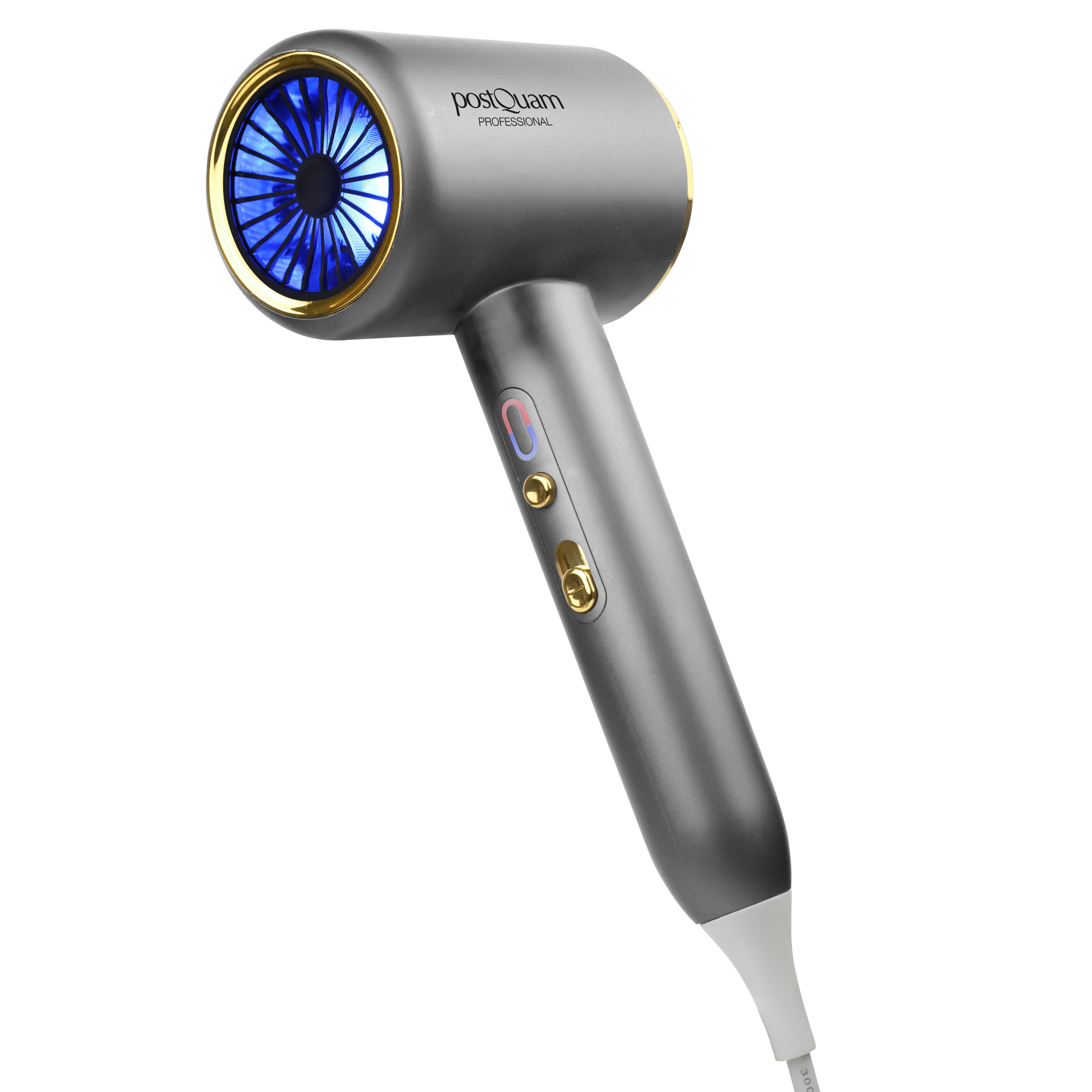 Szara suszarka do włosów ze złotą obwódką i niebieską osłoną wentylatora.