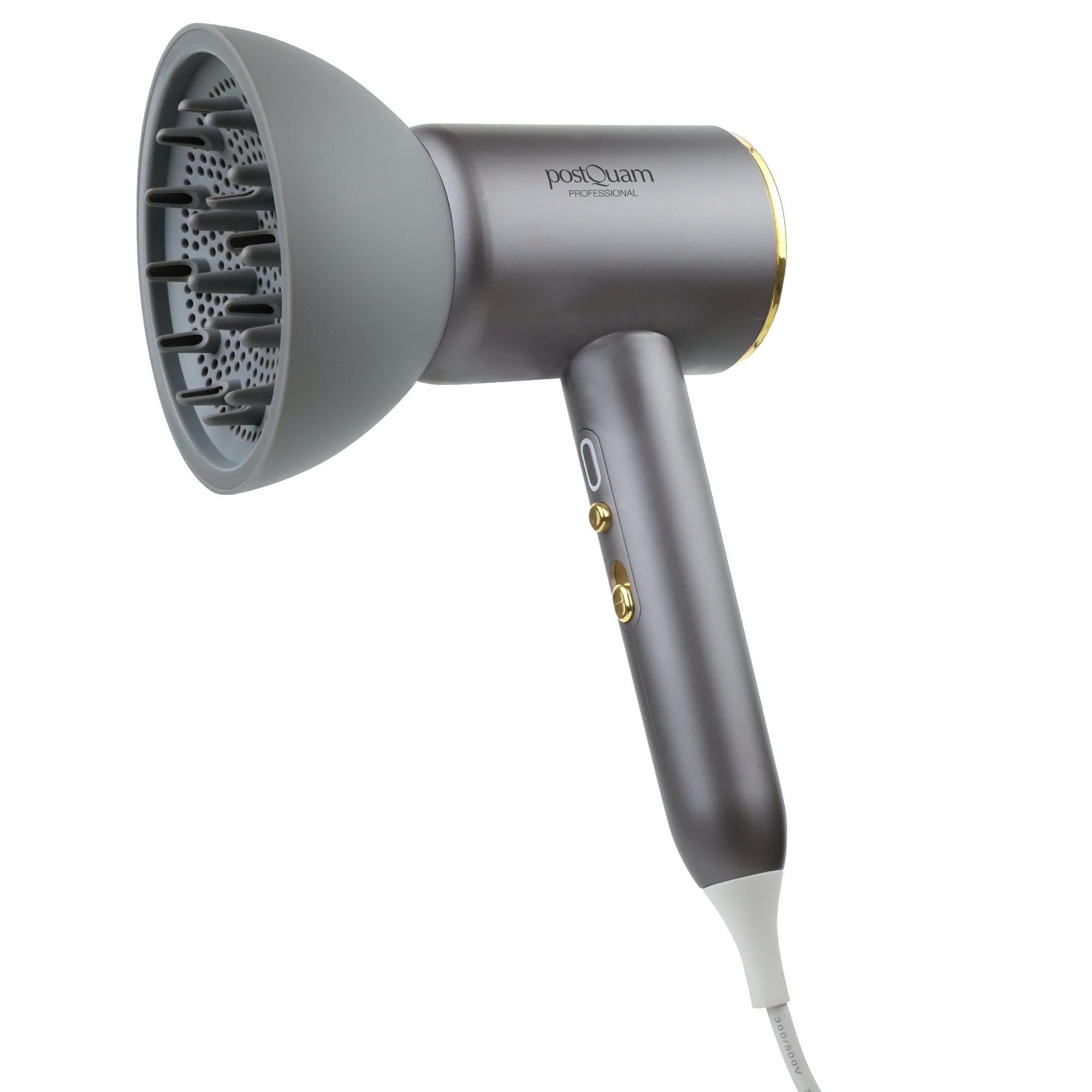 Szara suszarka do włosów z nasadką dyfuzora i złotymi akcentami.