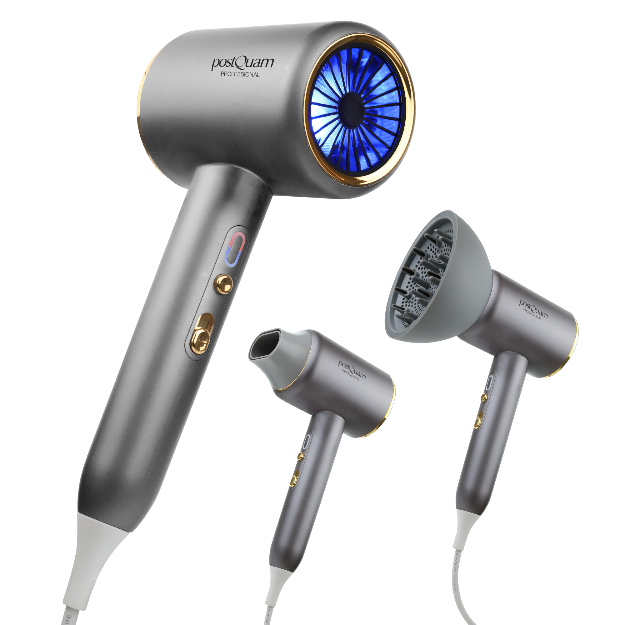 Trzy szare suszarki do włosów ze złotymi akcentami i niebieskim światłem.