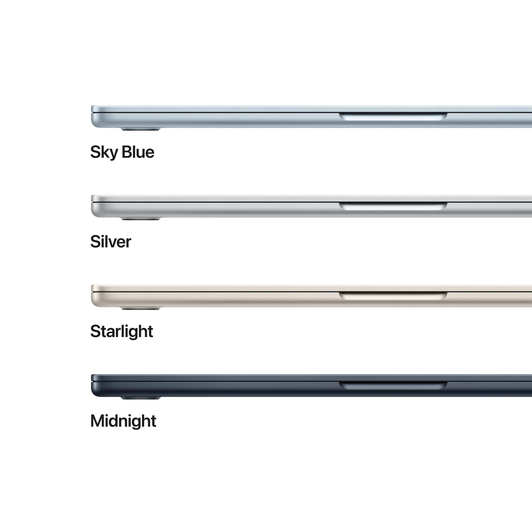 Fünf Laptops in verschiedenen Farben: Himmelblau, Silber, Sternenlicht, Mitternacht.