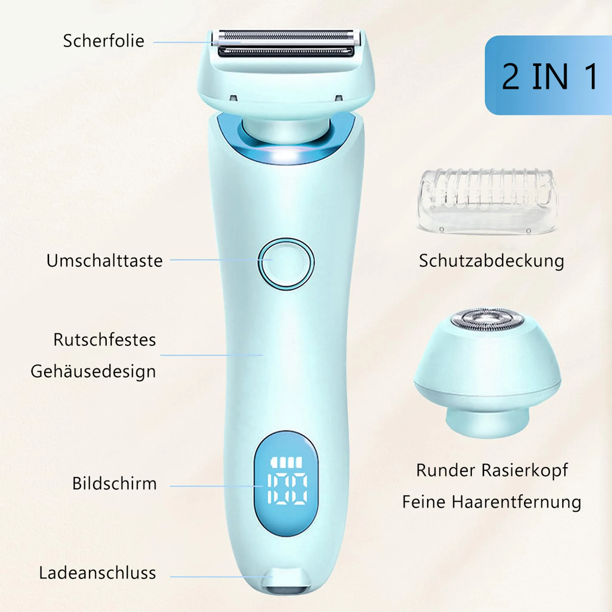 Ein hellblaues Elektrorasierer-Set mit Zubehör, ein Bildschirm zeigt 100%.