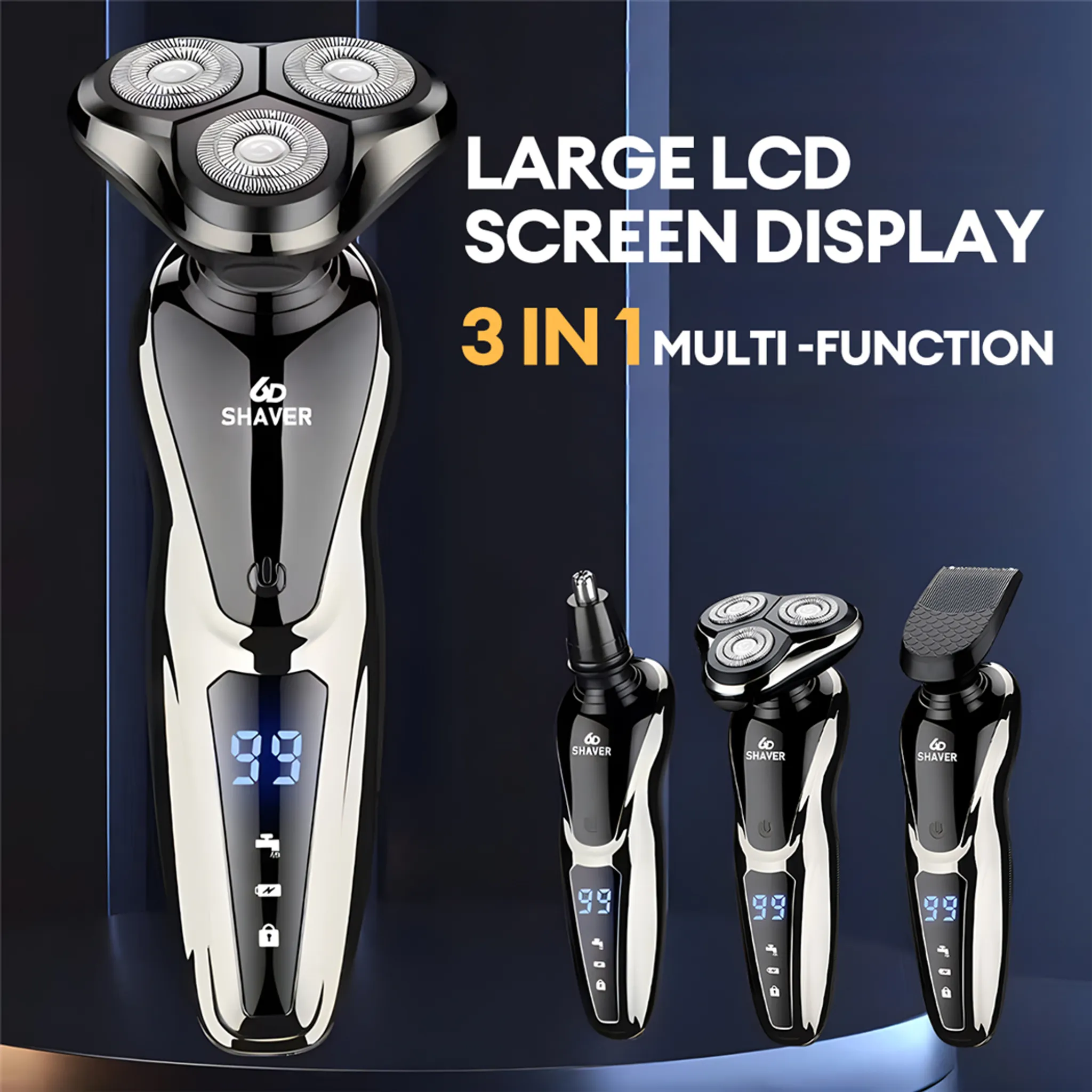Ein 3-in-1-Rasierer mit großem LCD-Display und mehreren Aufsätzen.