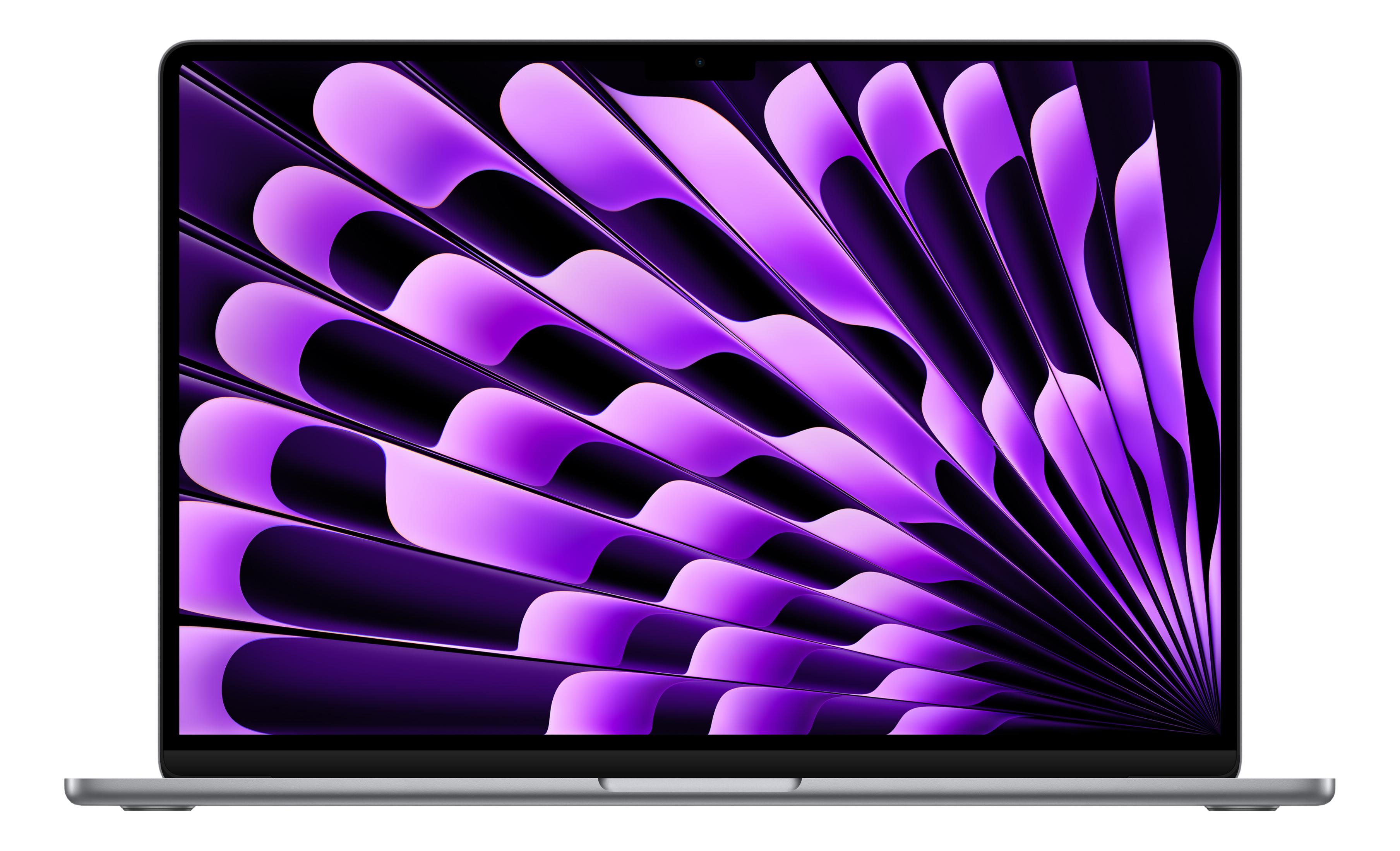 Un MacBook grigio con sfondo viola a onde sullo schermo.