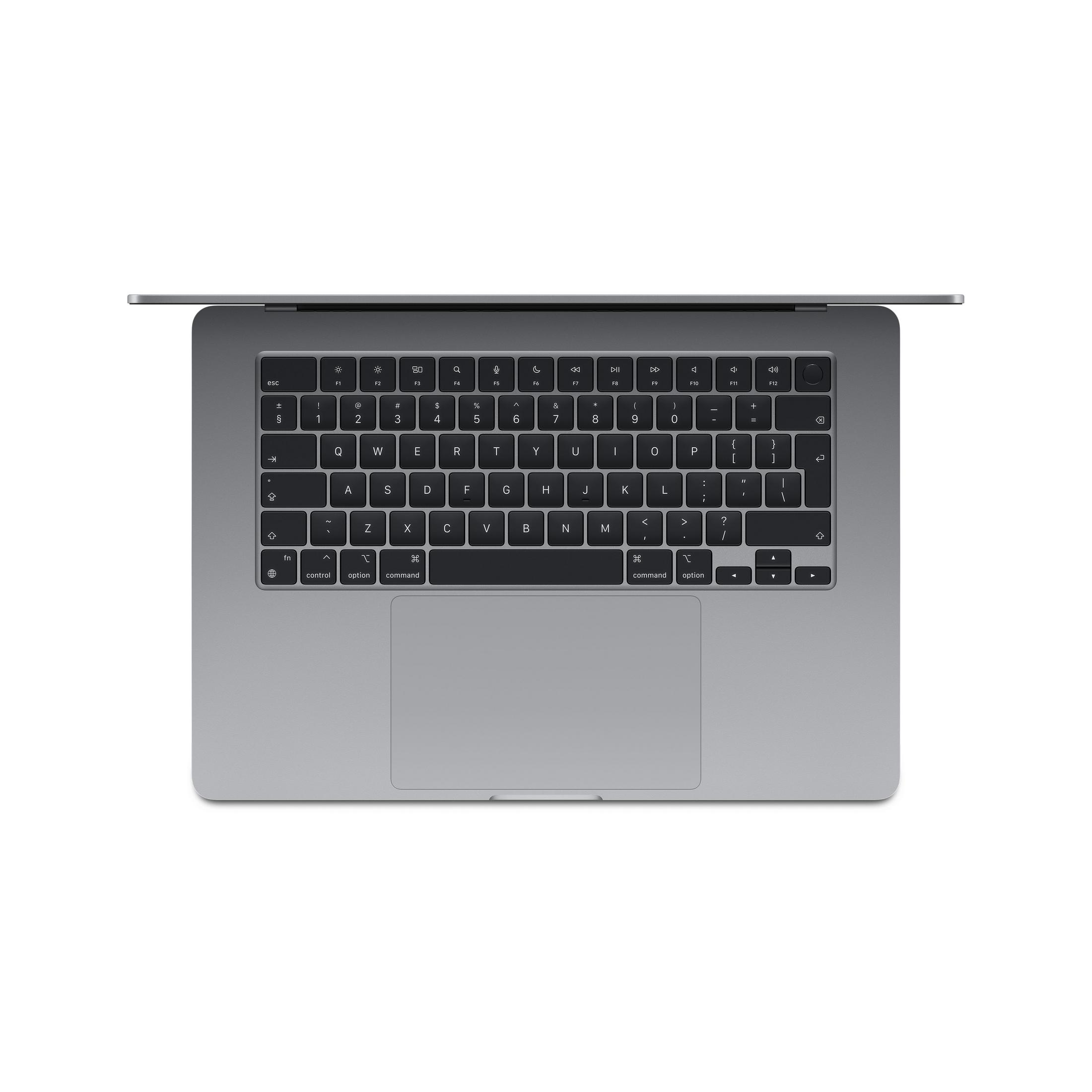 Un laptop argentato è aperto dall'alto mostrando tastiera e trackpad.