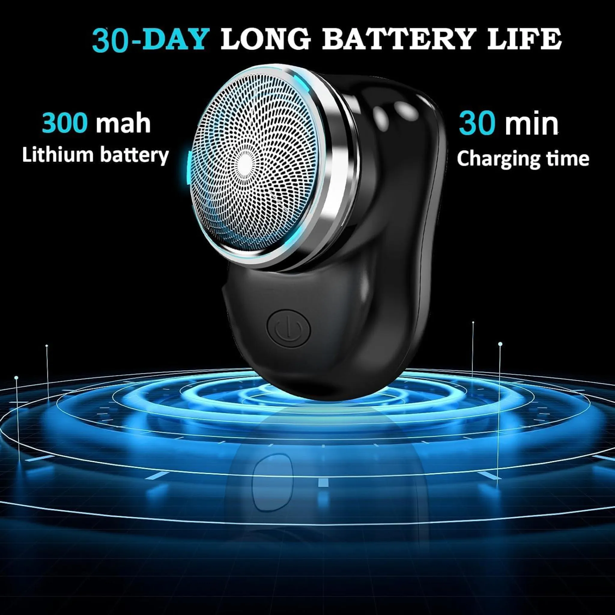 Schwarzer Rasierer mit 300 mAh Akku, 30 Min Ladezeit, 30 Tage Akkulaufzeit.