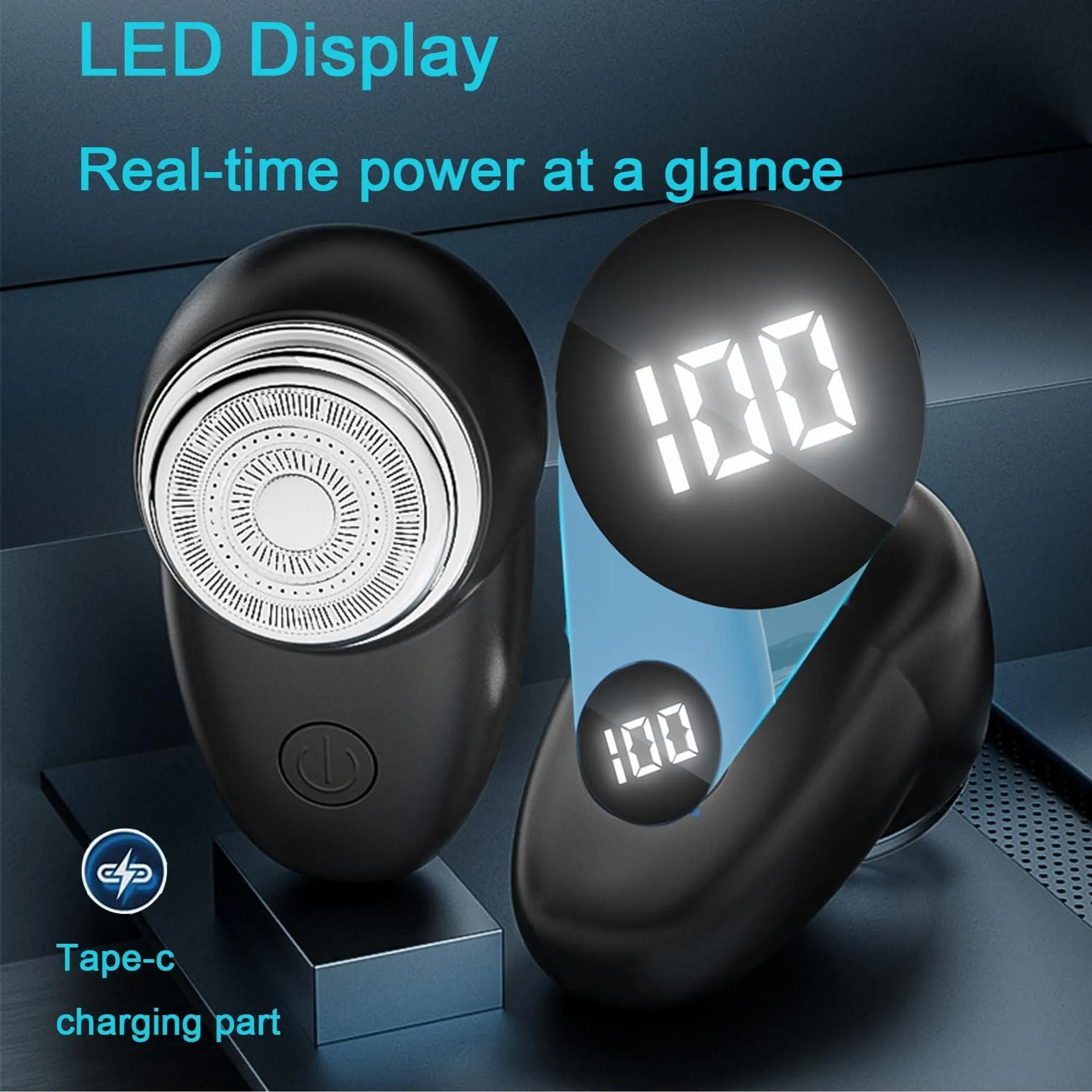 Schwarzer Elektrorasierer mit LED-Anzeige, die 100 % Ladung anzeigt.