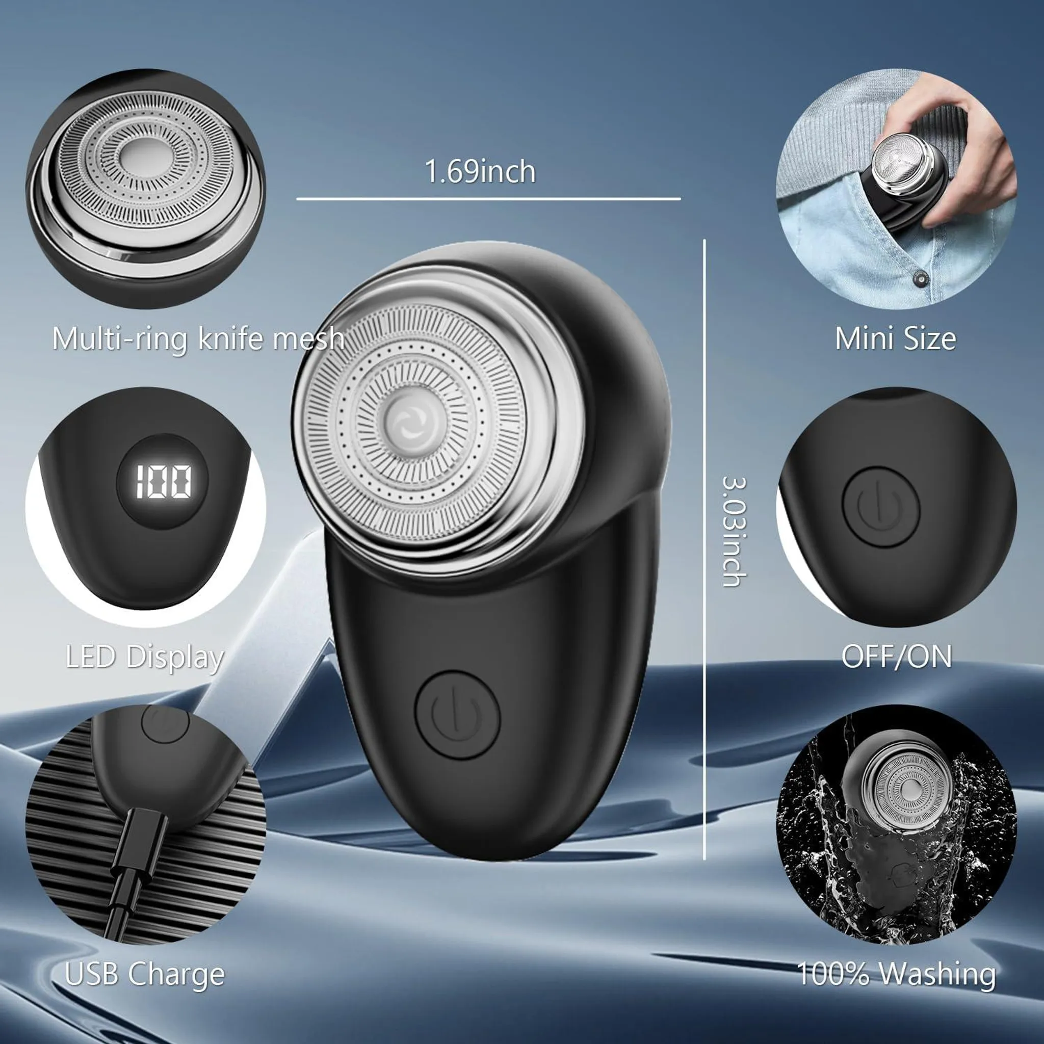 Schwarzer Rasierer mit LED-Anzeige, USB-Ladeanschluss und Wasserdichtigkeit.