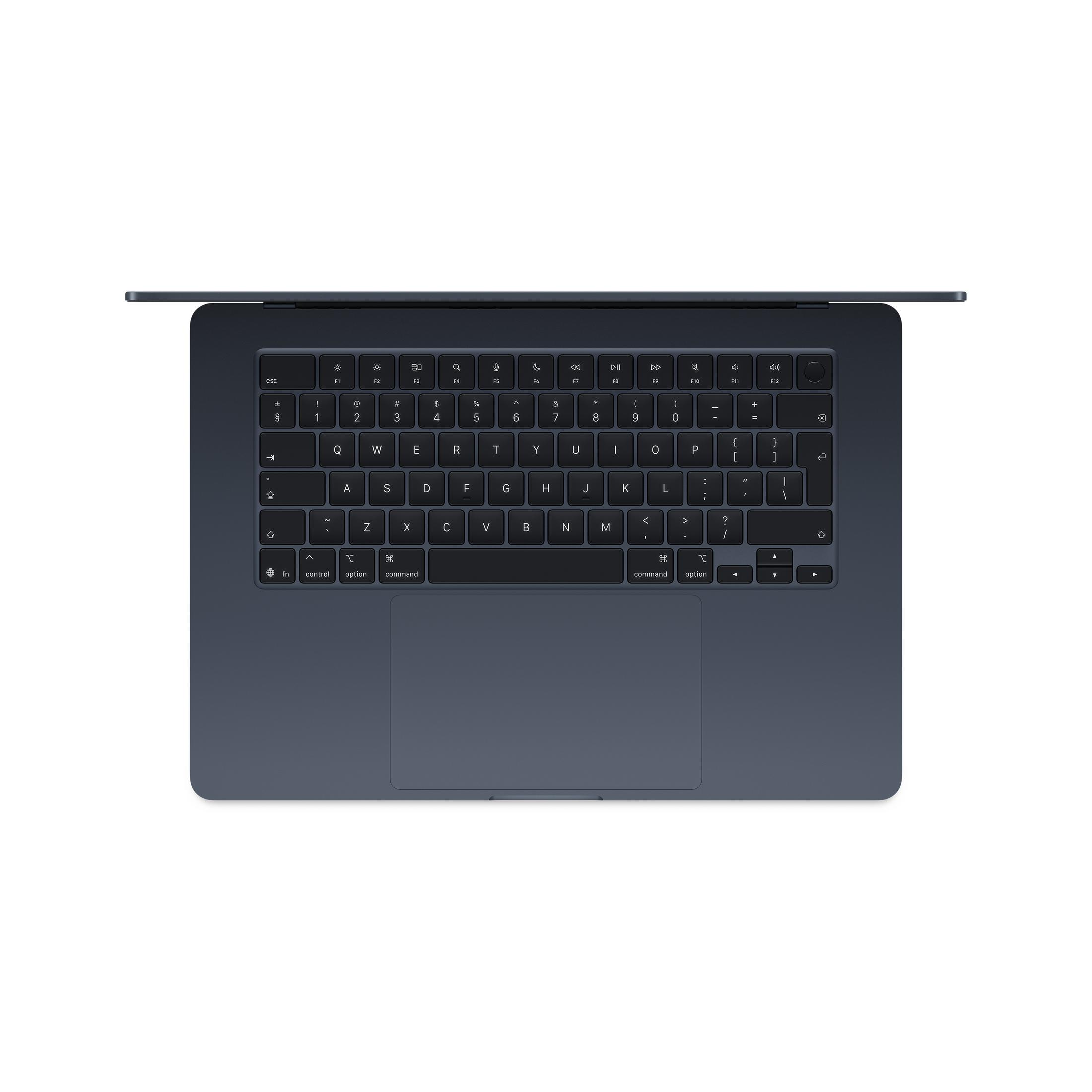 Dunkelgraues MacBook mit Tastatur und Touchpad, von oben gesehen.