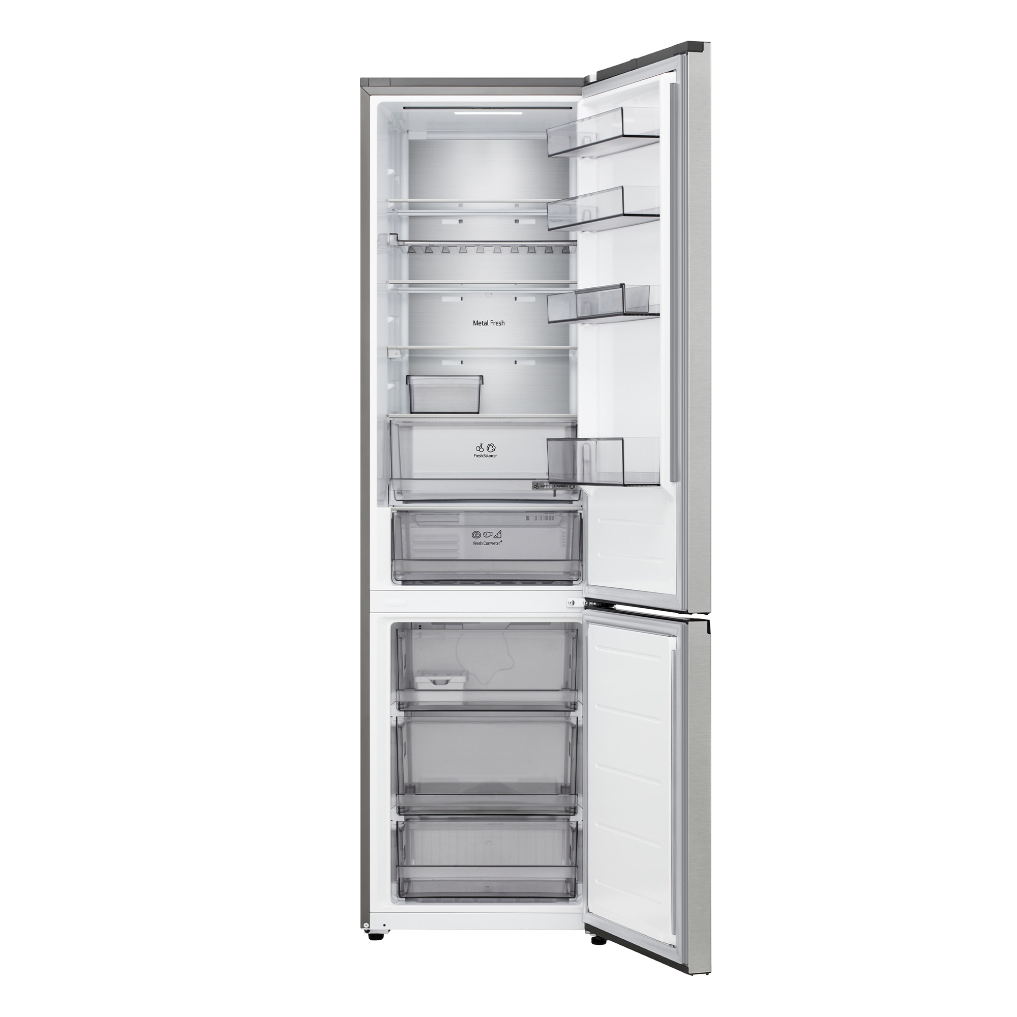 Offener Kühlschrank mit mehreren Regalen und Schubladen. Silbernes und weißes Interieur.