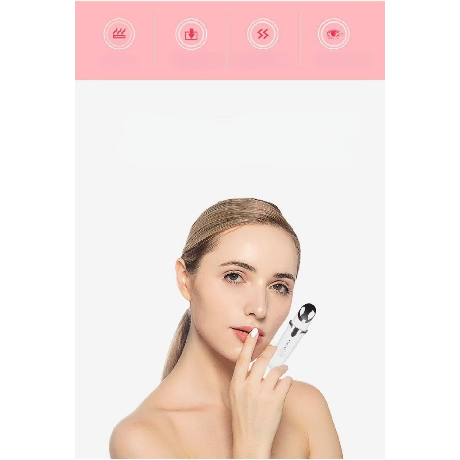 Frau hält ein weißes Beauty-Gerät vor ihr Gesicht. Oben sind Symbole für Hitze, Download, Vibration, Auge.