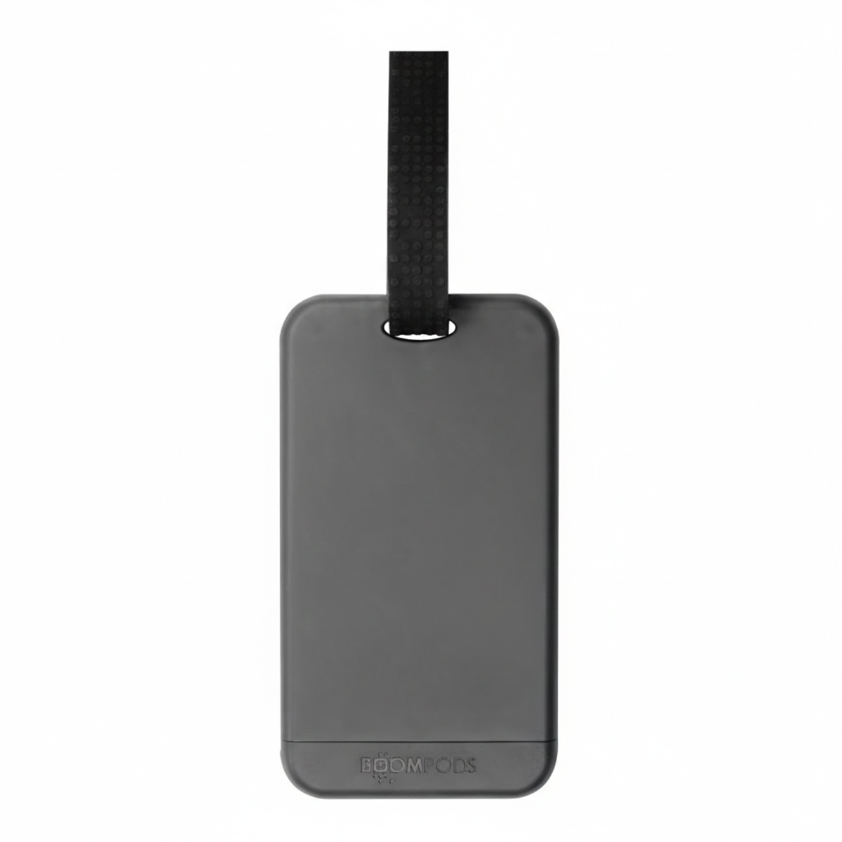 Portachiavi grigio scuro con cinturino nero e logo.