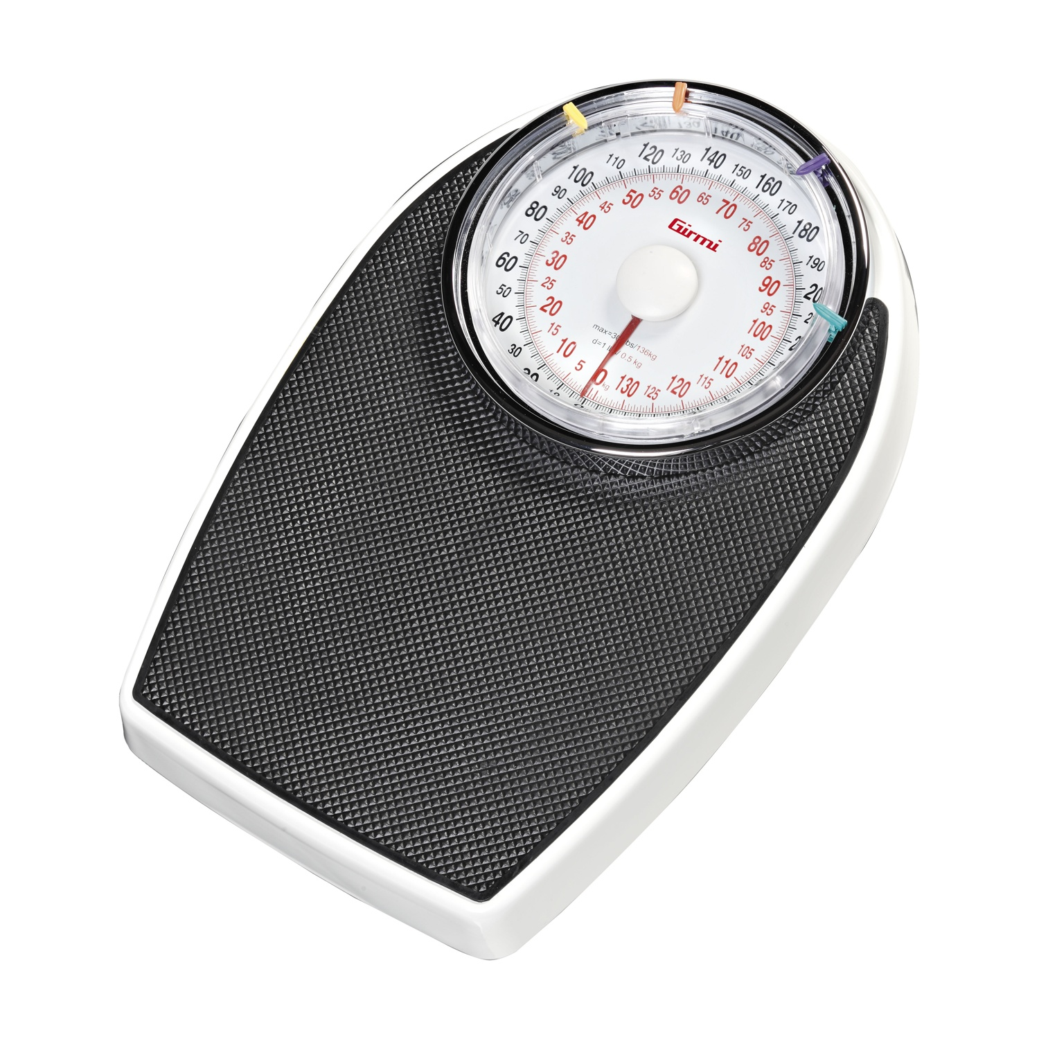 Biała waga łazienkowa z czarnym bieżnikiem i okrągłym wyświetlaczem.