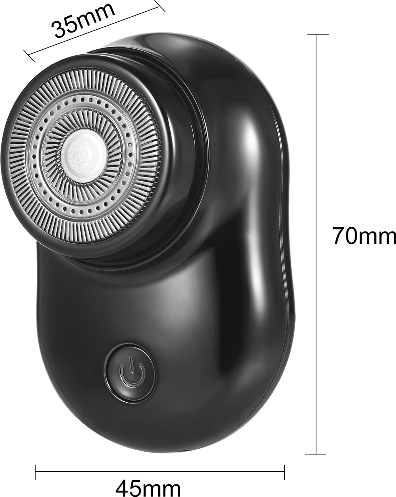 Schwarzer, kompakter Rasierer mit 35mm Breite, 70mm Höhe und 45mm Tiefe.