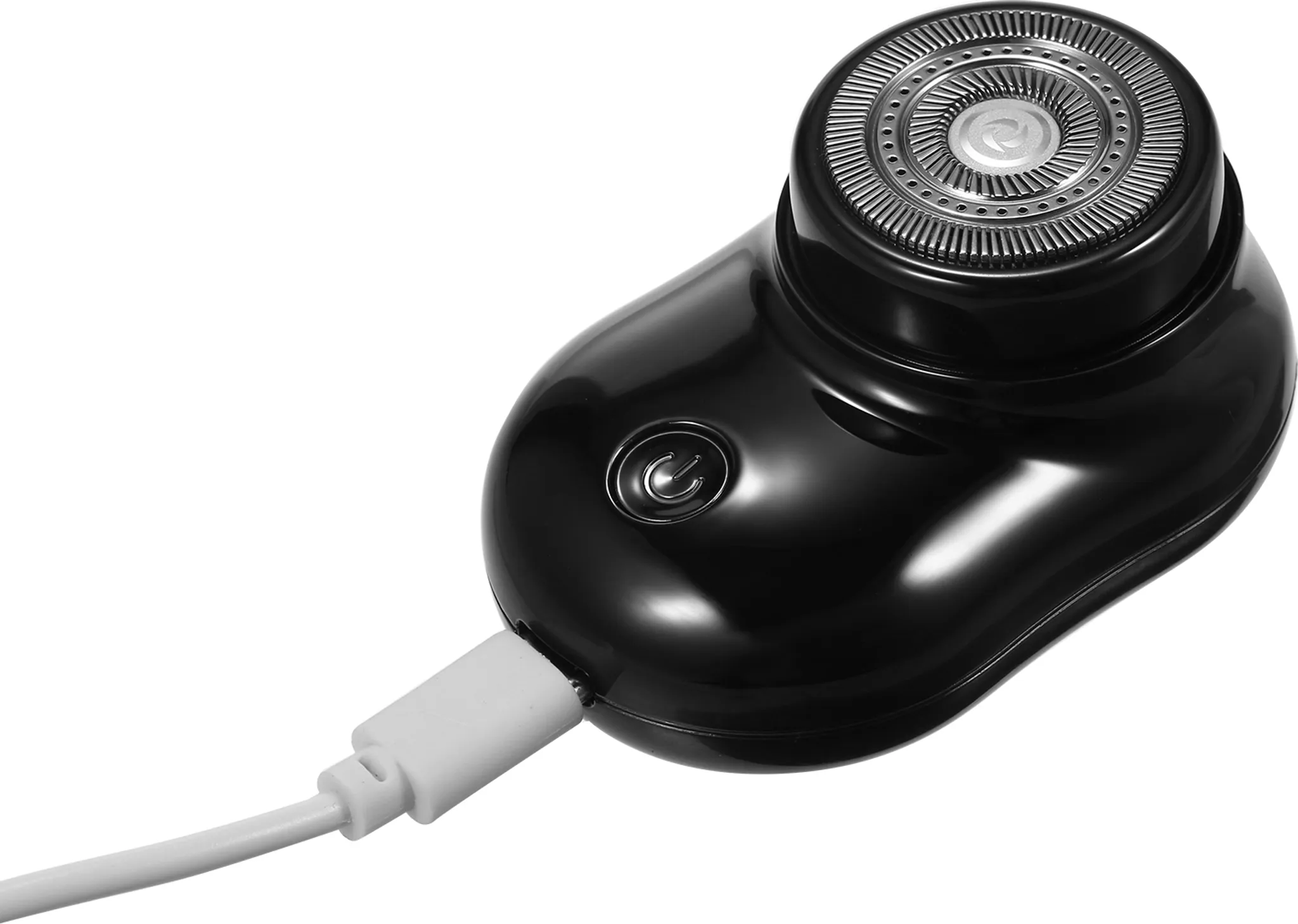 Ein schwarzer Elektrorasierer mit USB-Kabel ist auf weißem Hintergrund zu sehen.