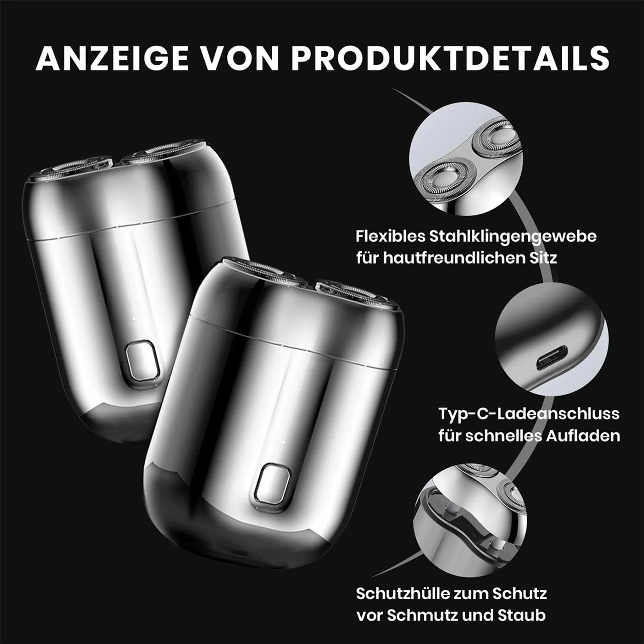 Zwei silberne Rasierer mit Details: Klingenkopf, Typ-C-Anschluss, Schutzhülle.