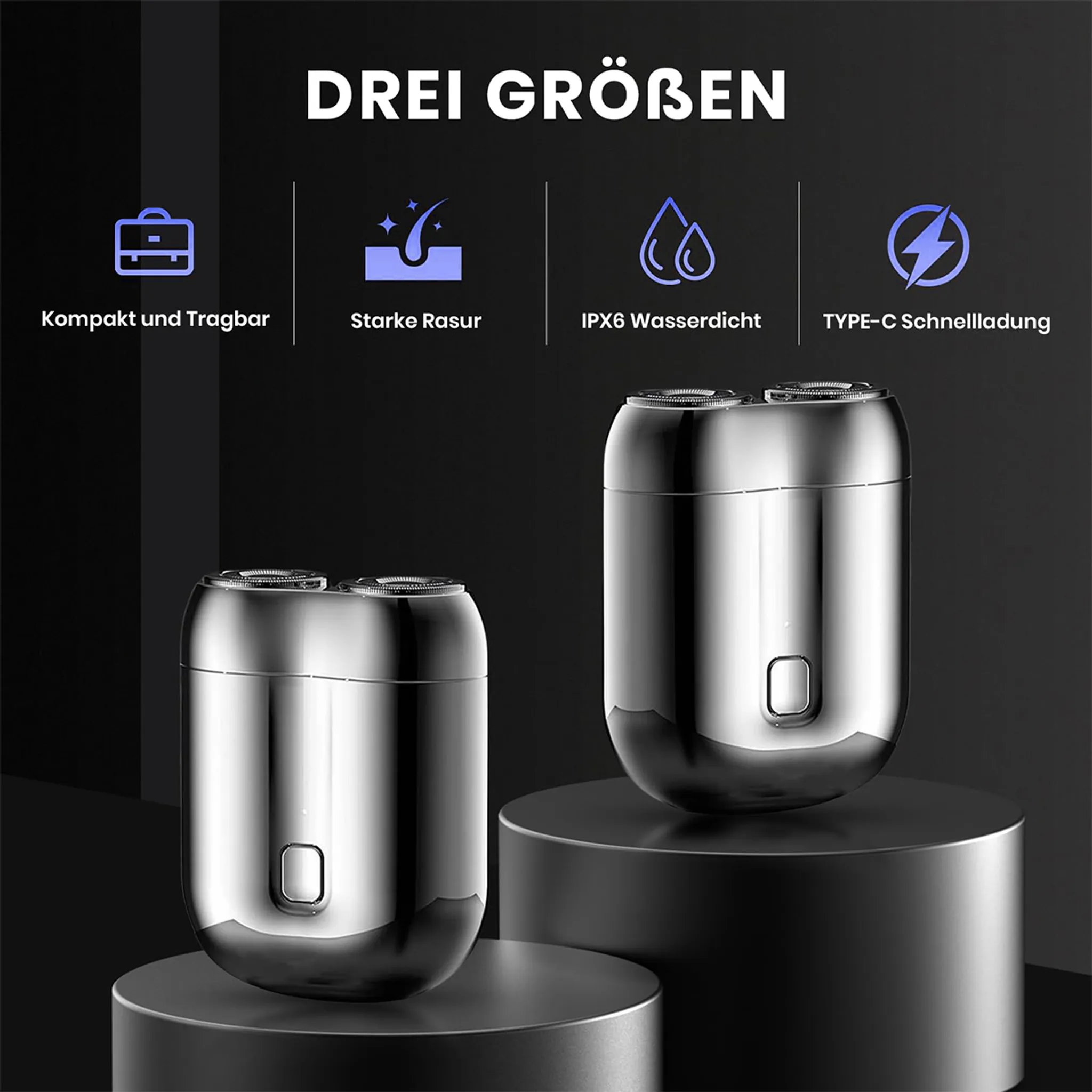 Zwei silberne Rasierer auf schwarzen Podesten, mit Icons für Kompaktheit, Rasur, Wasserdichtigkeit und Aufladung.