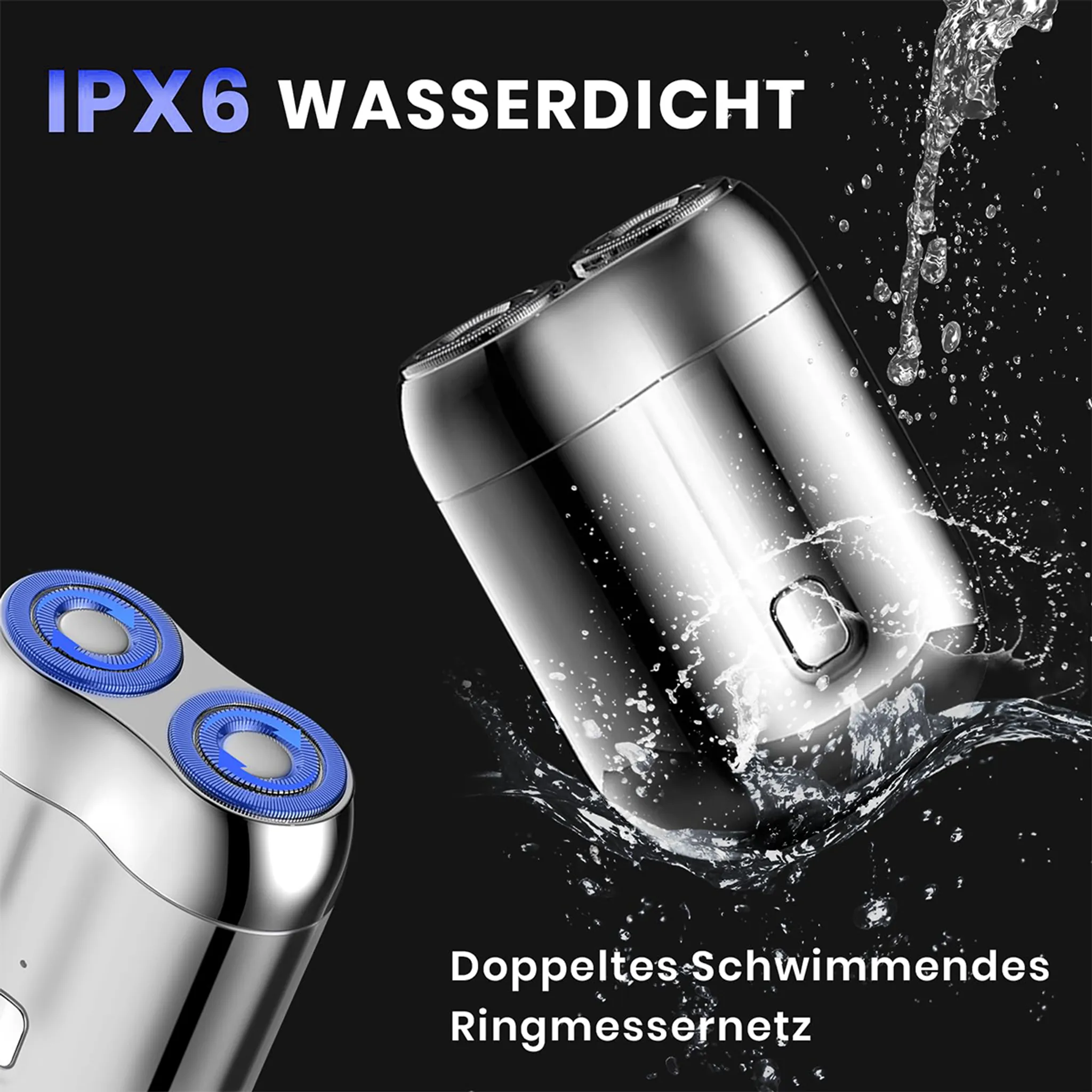 Silberner Rasierer mit blauen Klingen unter Wasserstrahlen, IPX6 Wasserdicht.
