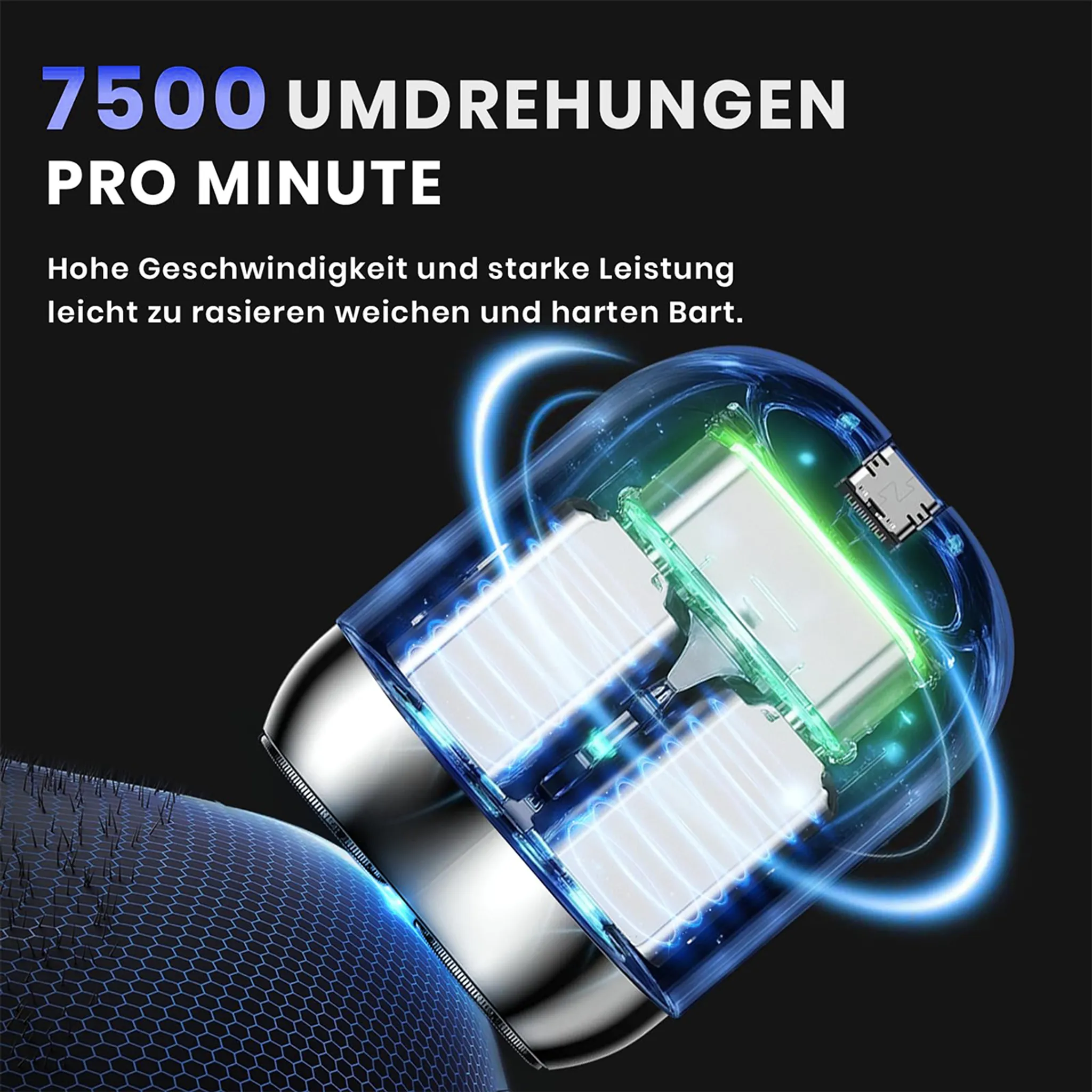 Elektrorasierer mit 7500 U/min, scherend weiche und harte Bärte.