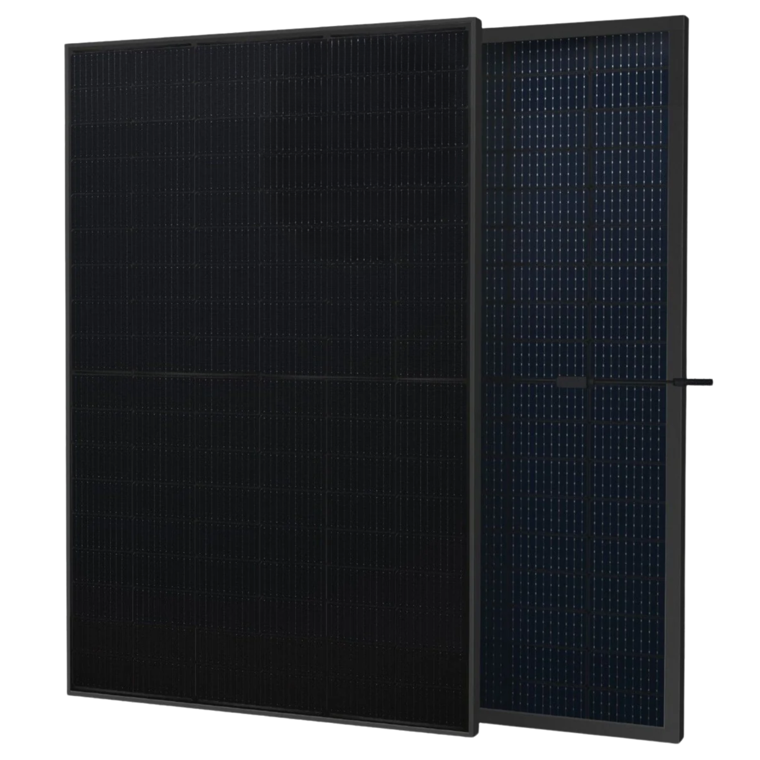Zwei schwarze Solarmodule nebeneinander, eines mit sichtbaren Zellen.