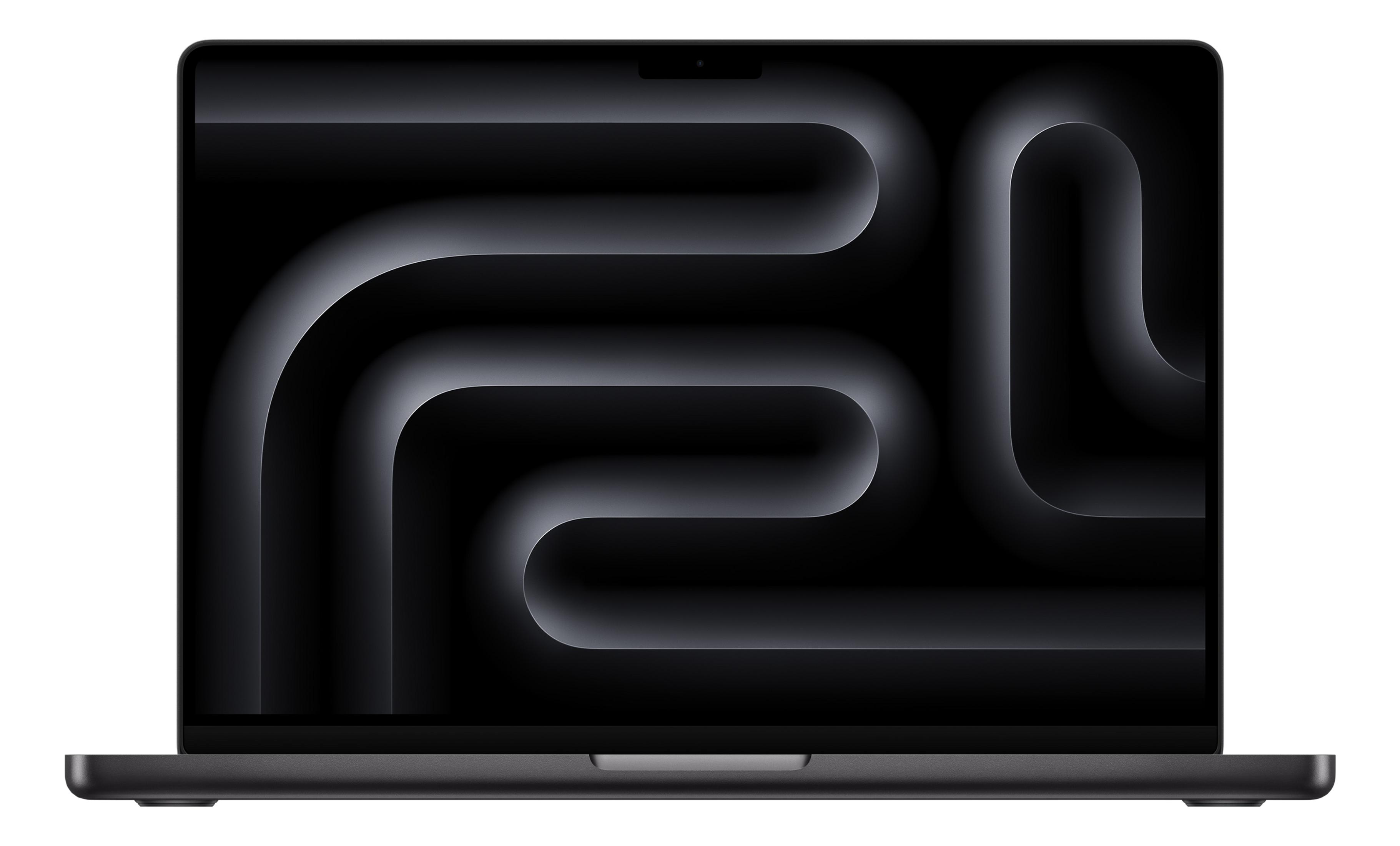 Ein geschlossener Laptop mit einem dunklen Hintergrund mit geschwungenen Linien.