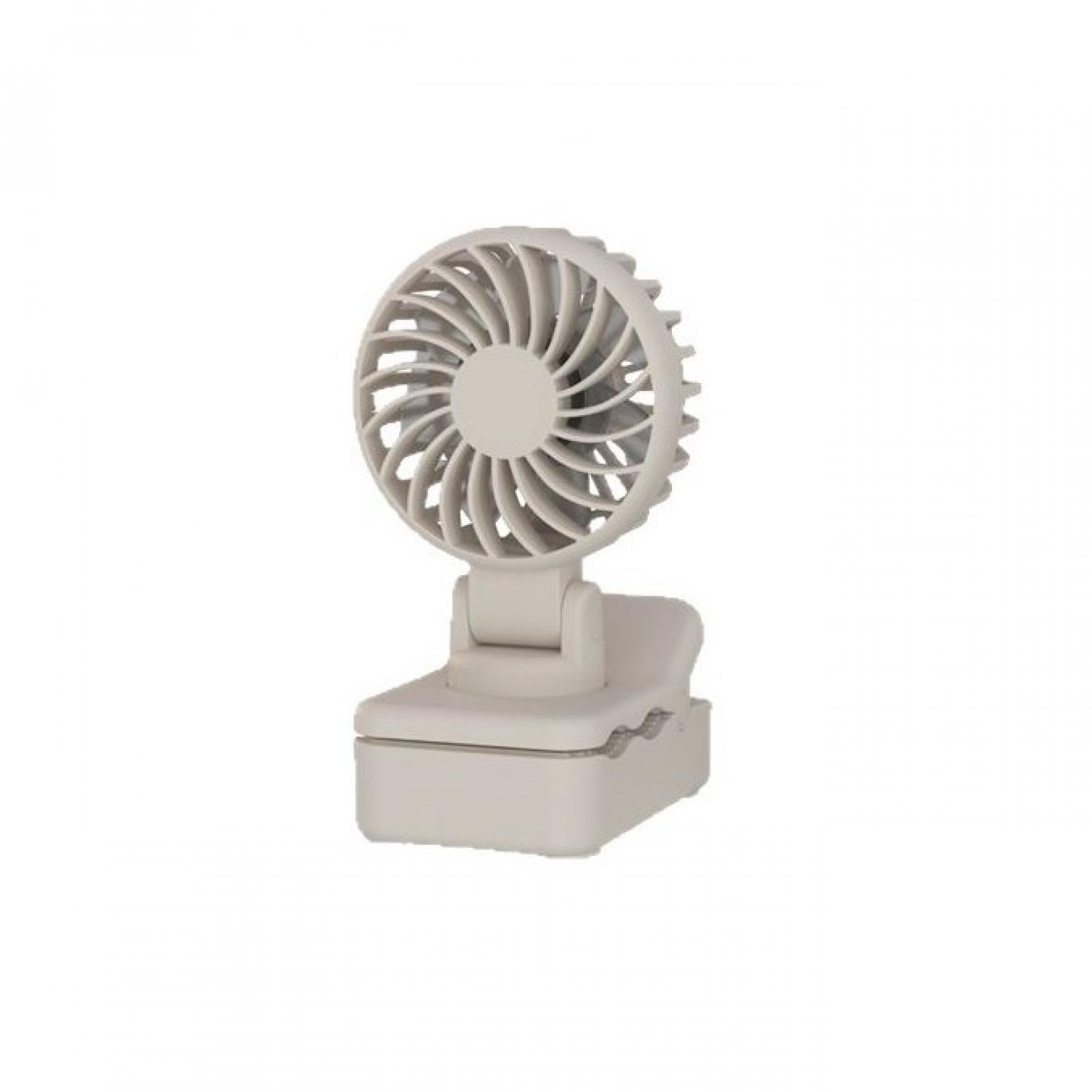 Ein kleiner, beigefarbener Ventilator mit Clip-Befestigung.